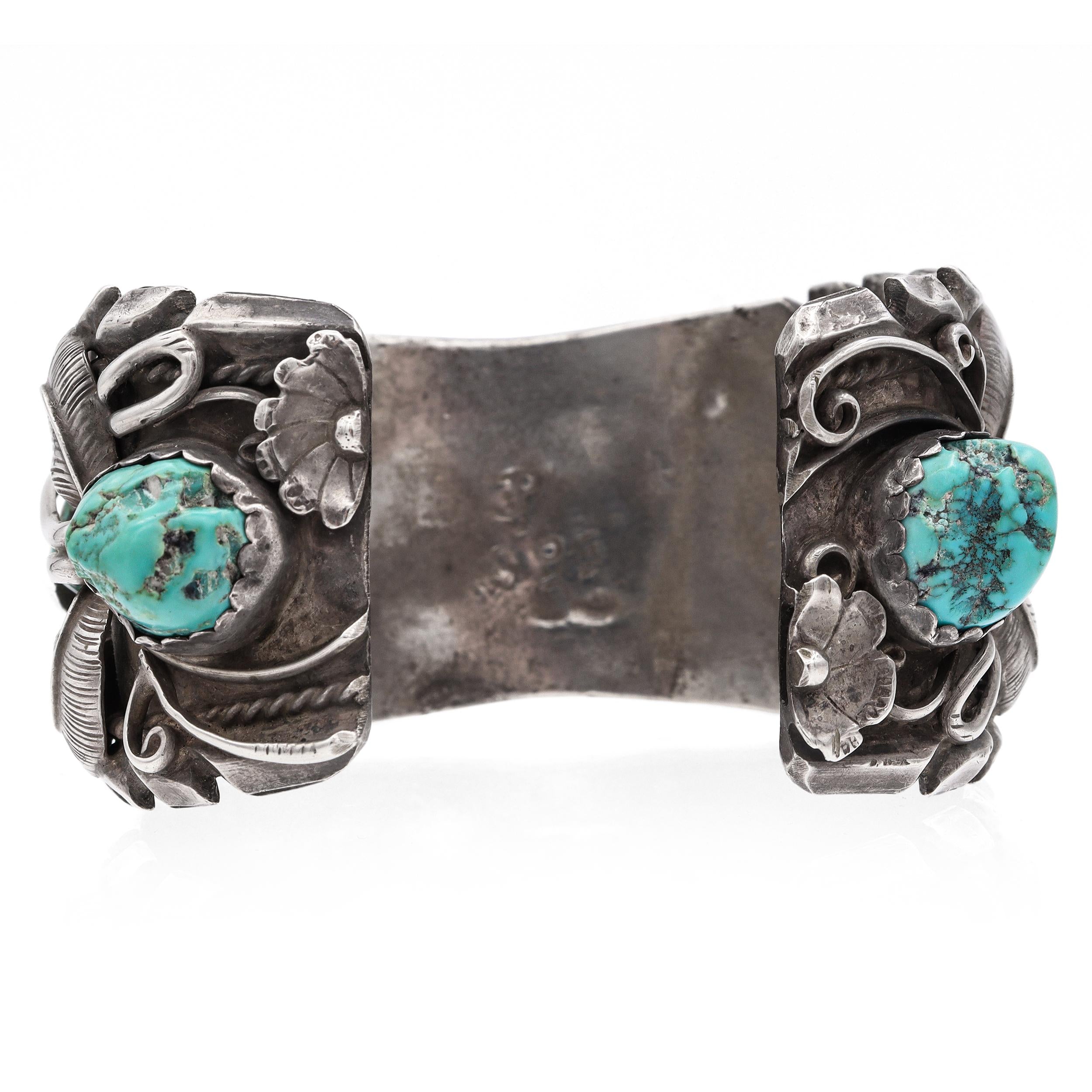 Vintage Navajo Artist Signed Sterling Silver Turquoise Cluster Cuff Bracelet