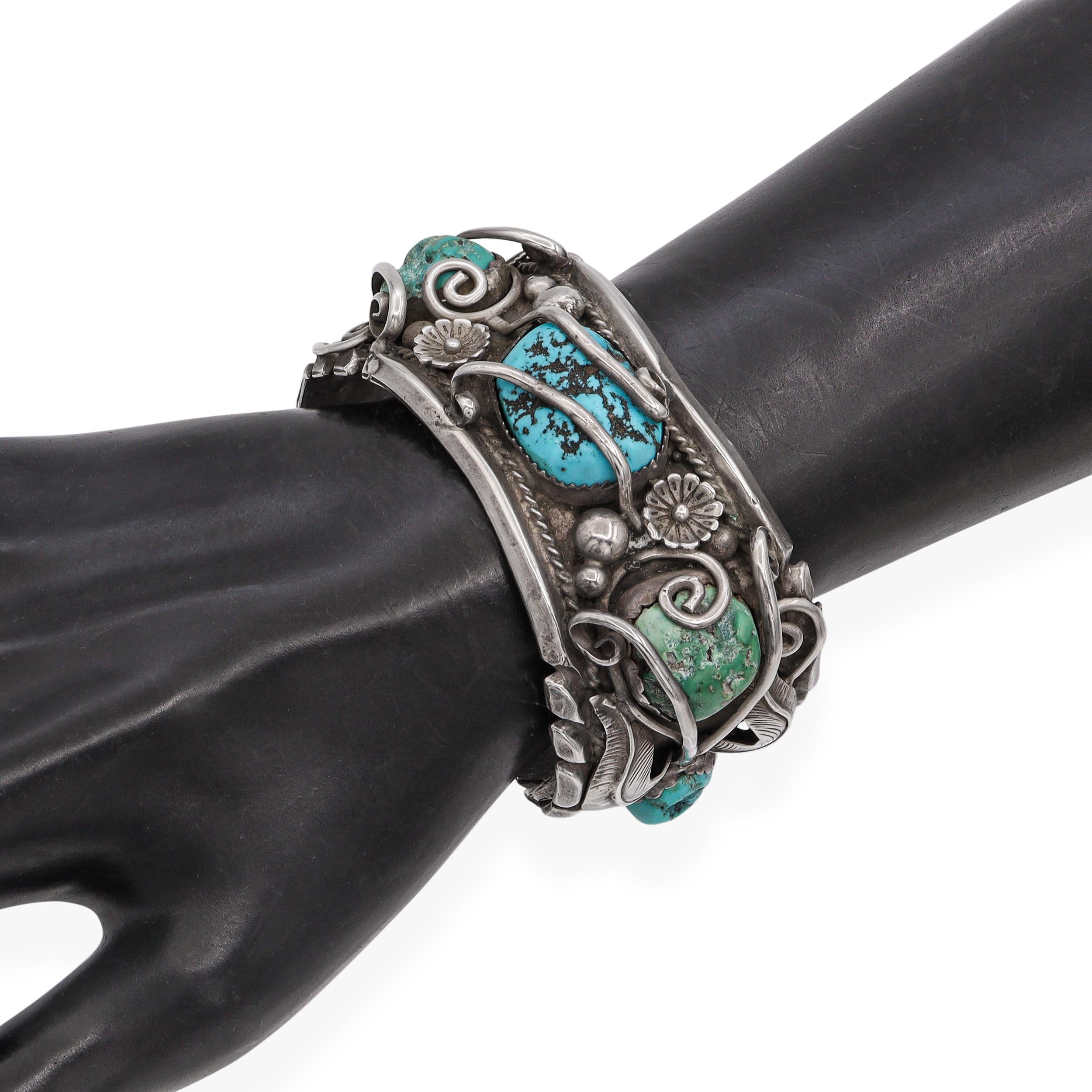Vintage Navajo Artist Signed Sterling Silver Turquoise Cluster Cuff Bracelet