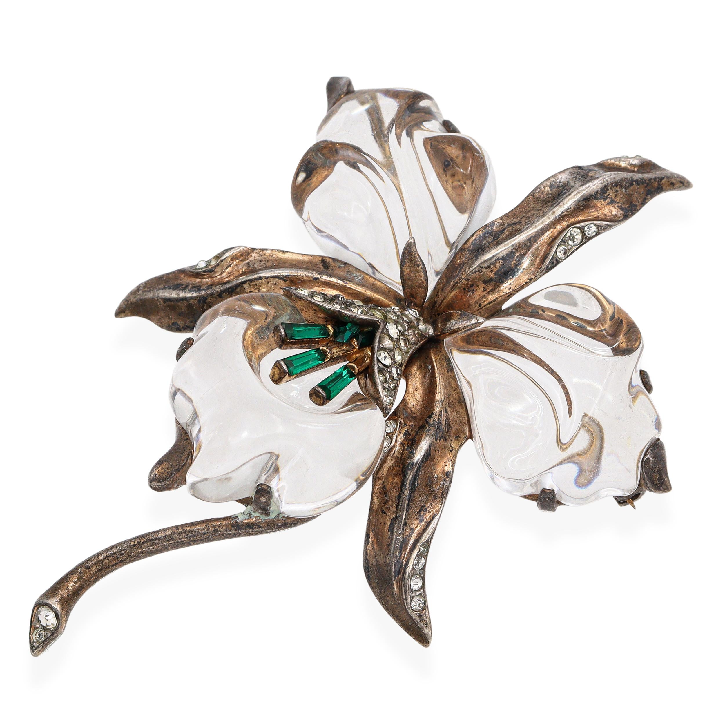 Crown Trifari Alfred Philippe Sterling Silver Jelly Belly Lucite Orchid Brooch