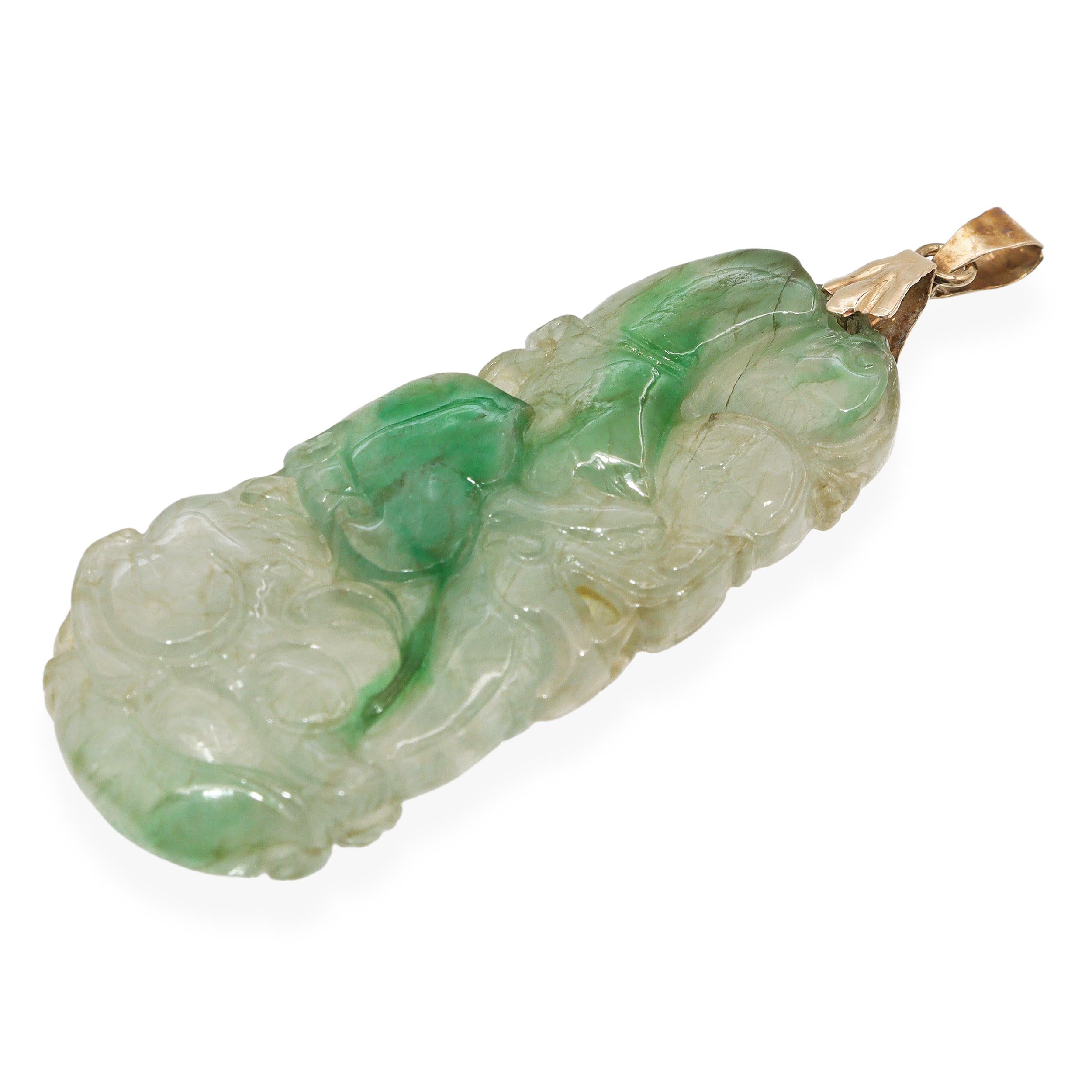 Vintage 18K Yellow Gold Carved Jade Longevity Prosperity Amulet Pendant