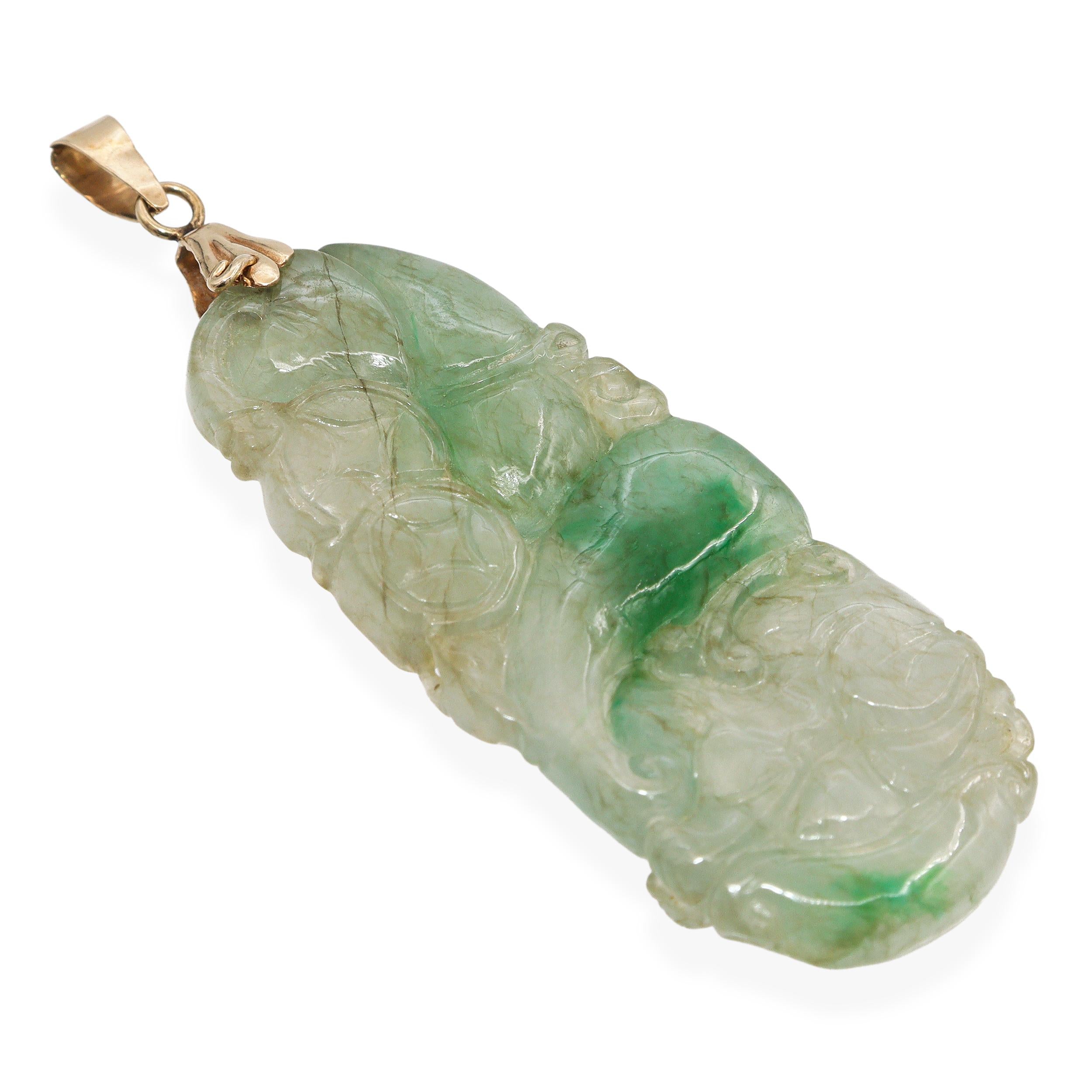 Vintage 18K Yellow Gold Carved Jade Longevity Prosperity Amulet Pendant