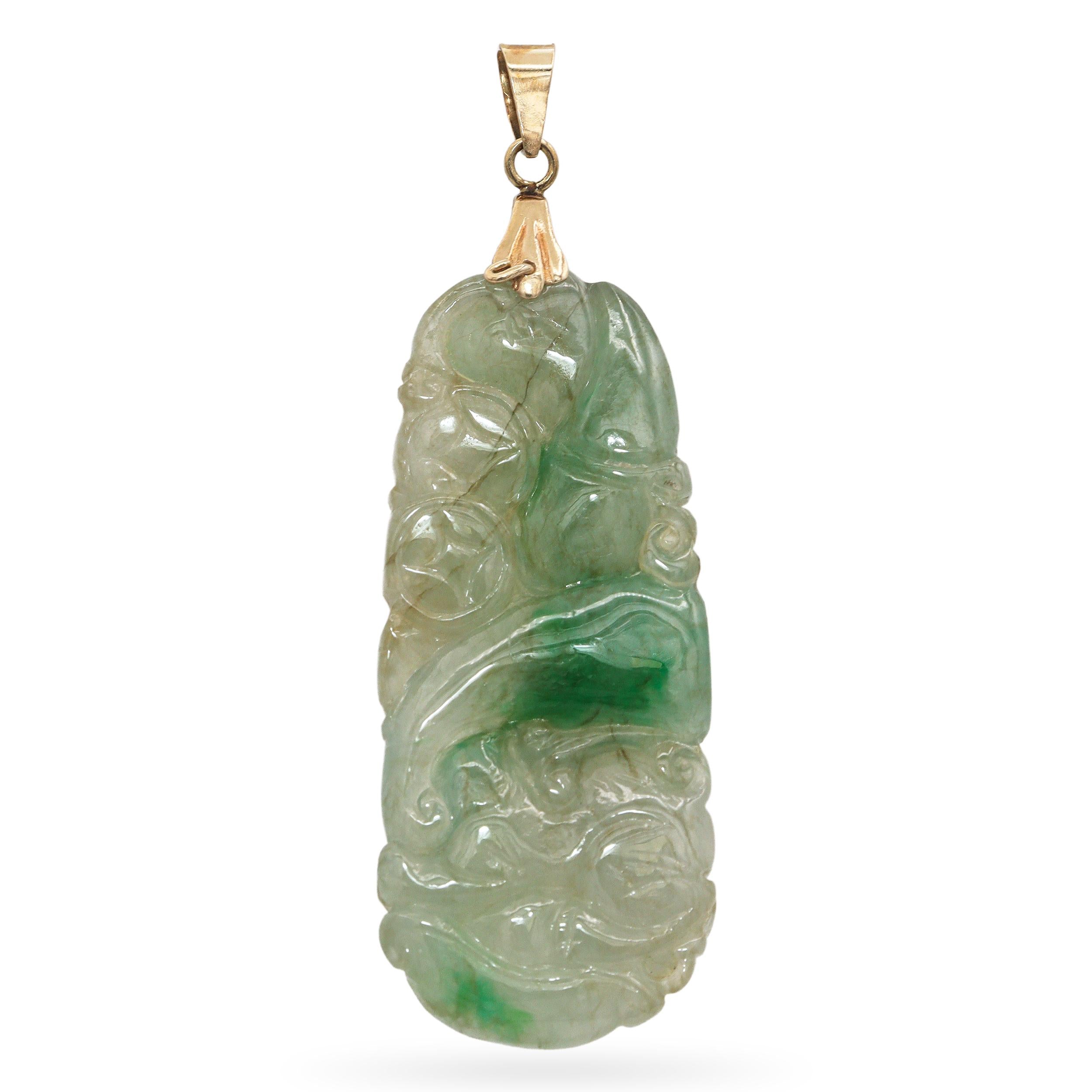 Vintage 18K Yellow Gold Carved Jade Longevity Prosperity Amulet Pendant