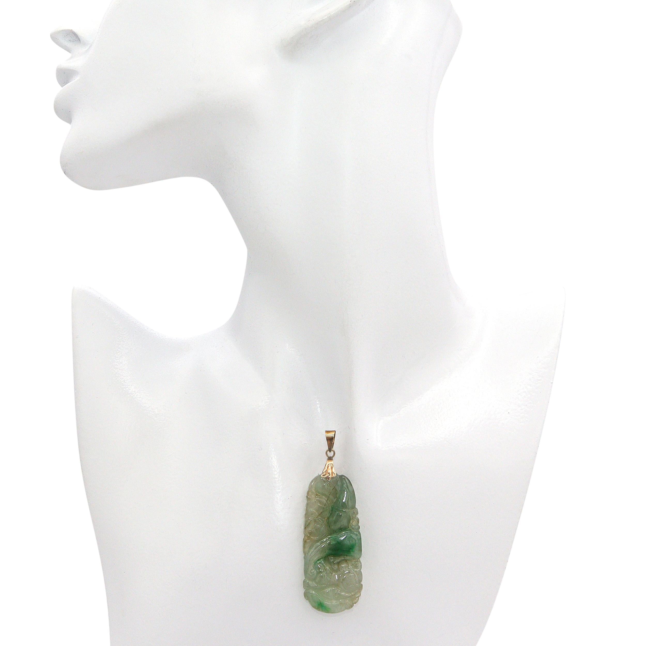 Vintage 18K Yellow Gold Carved Jade Longevity Prosperity Amulet Pendant