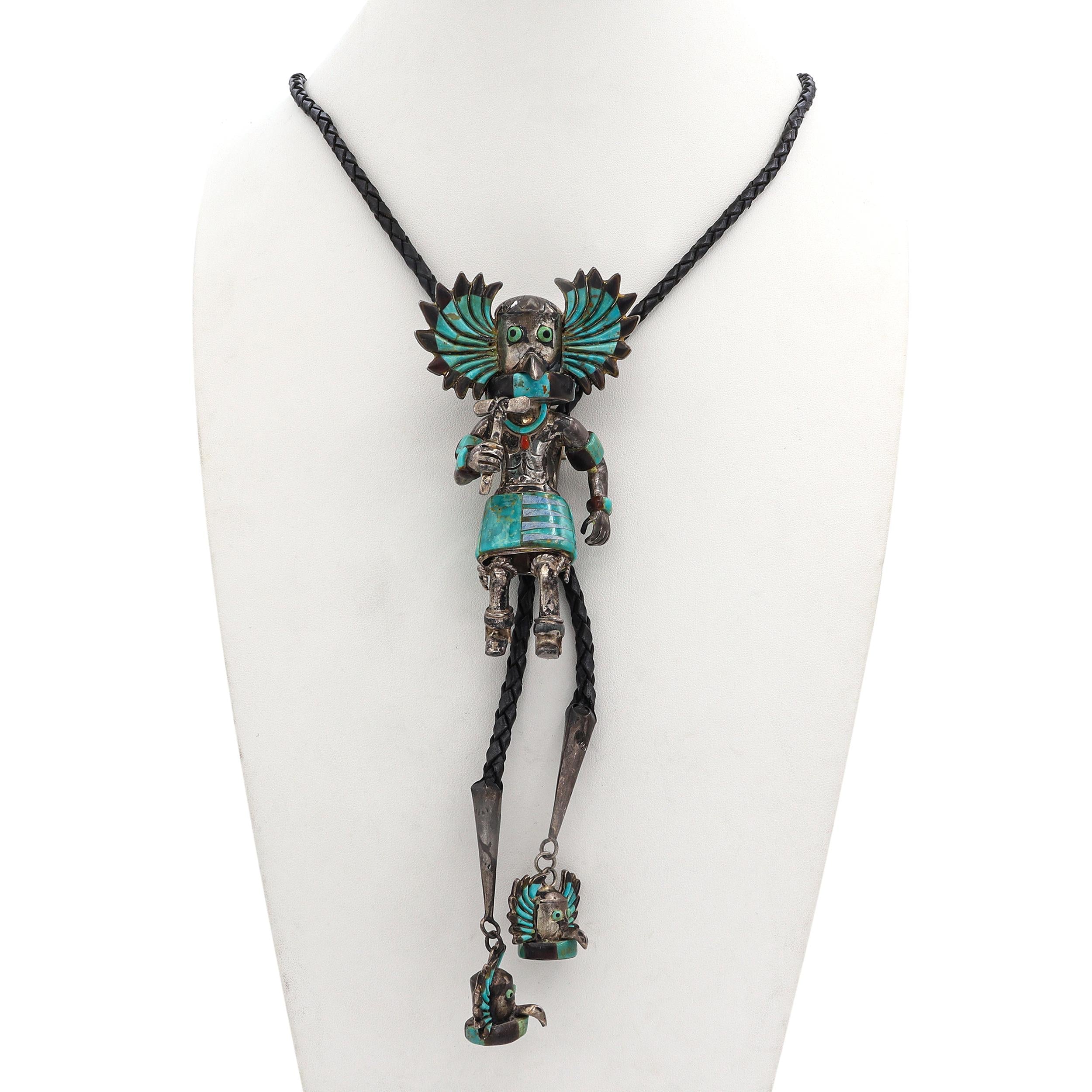Vintage Native American Zuni Sterling Silver Multi-Stone Inlay Kachina Bolo Tie