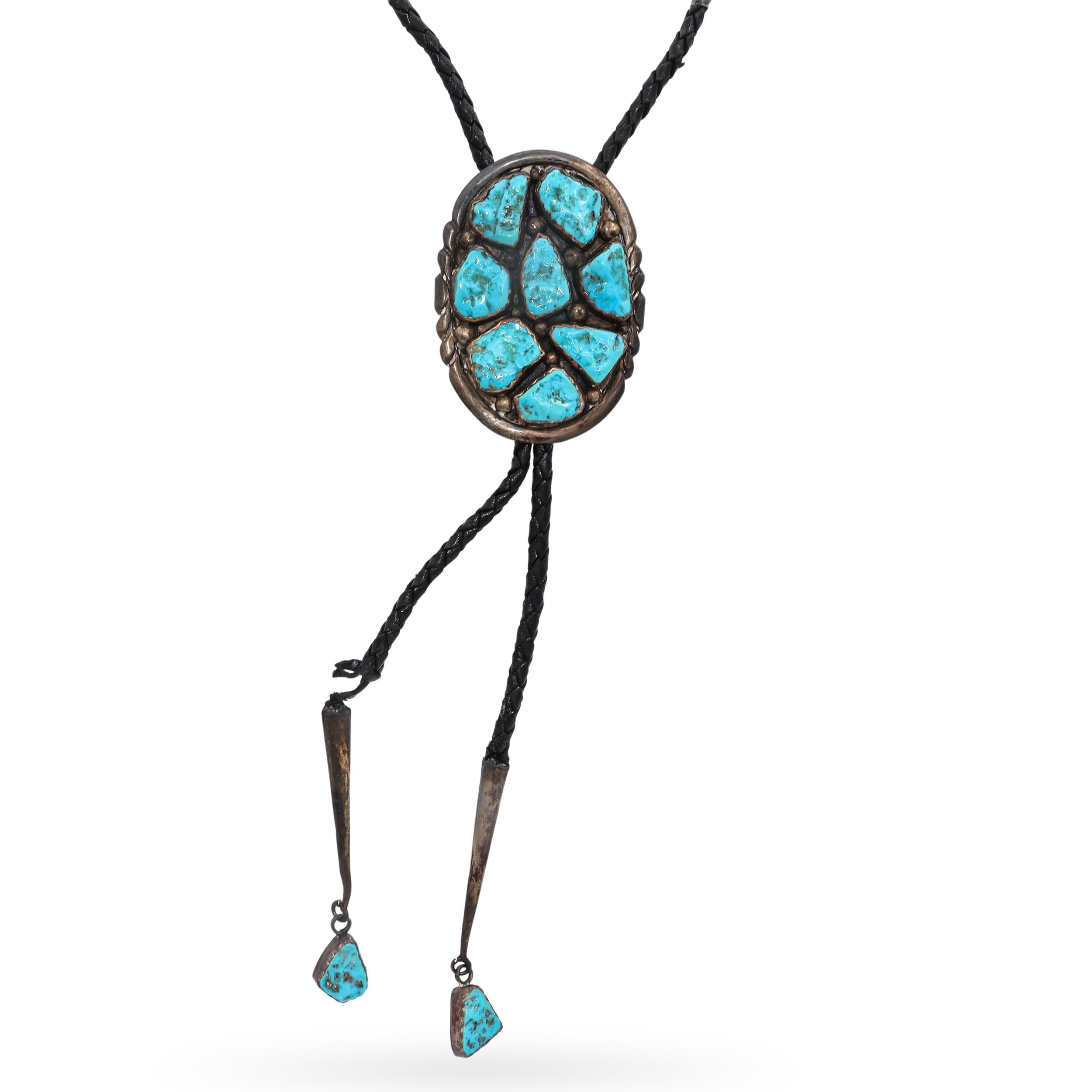 Vintage EYM Signed Zuni Sterling Silver and Turquoise Cluster Bolo Tie