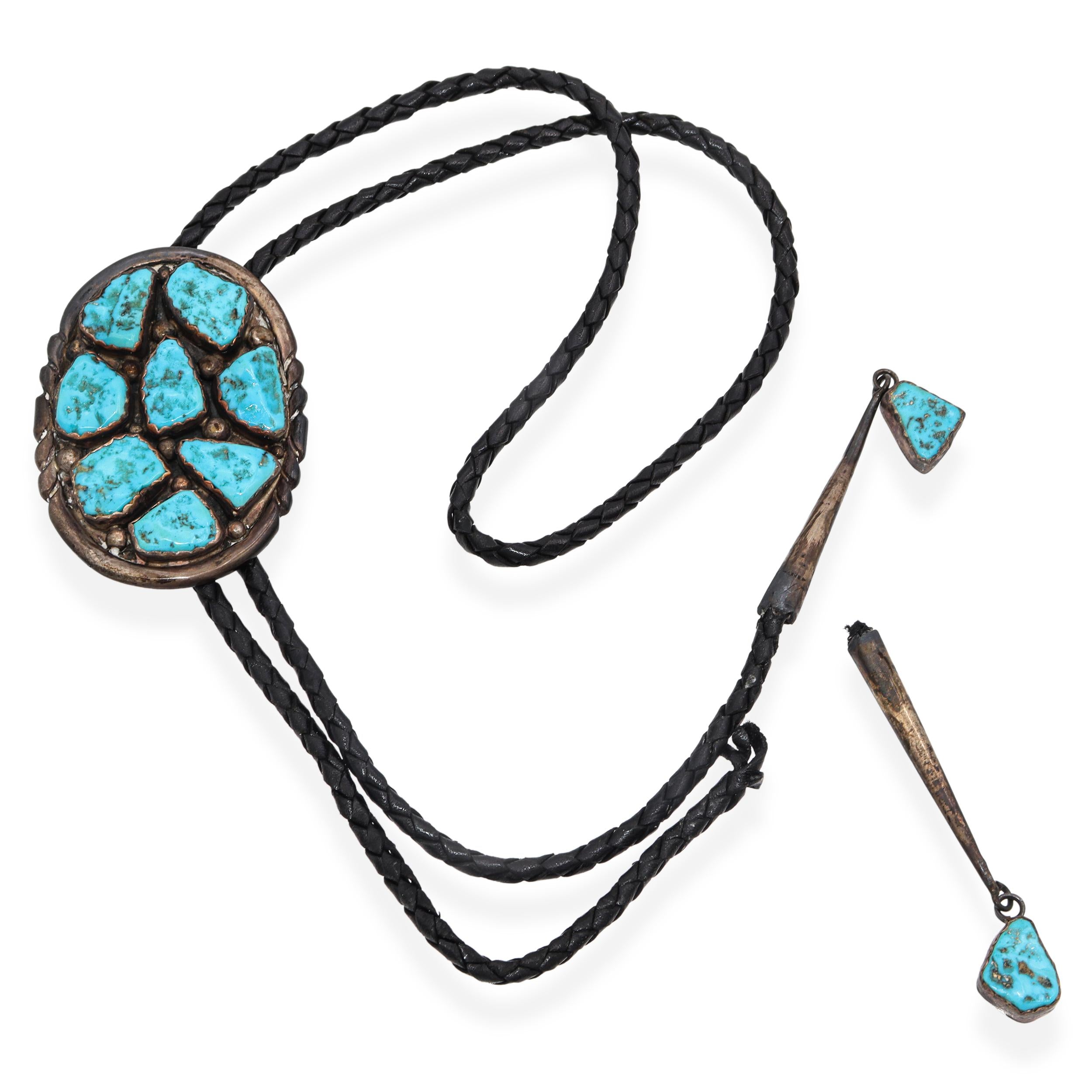 Vintage EYM Signed Zuni Sterling Silver and Turquoise Cluster Bolo Tie
