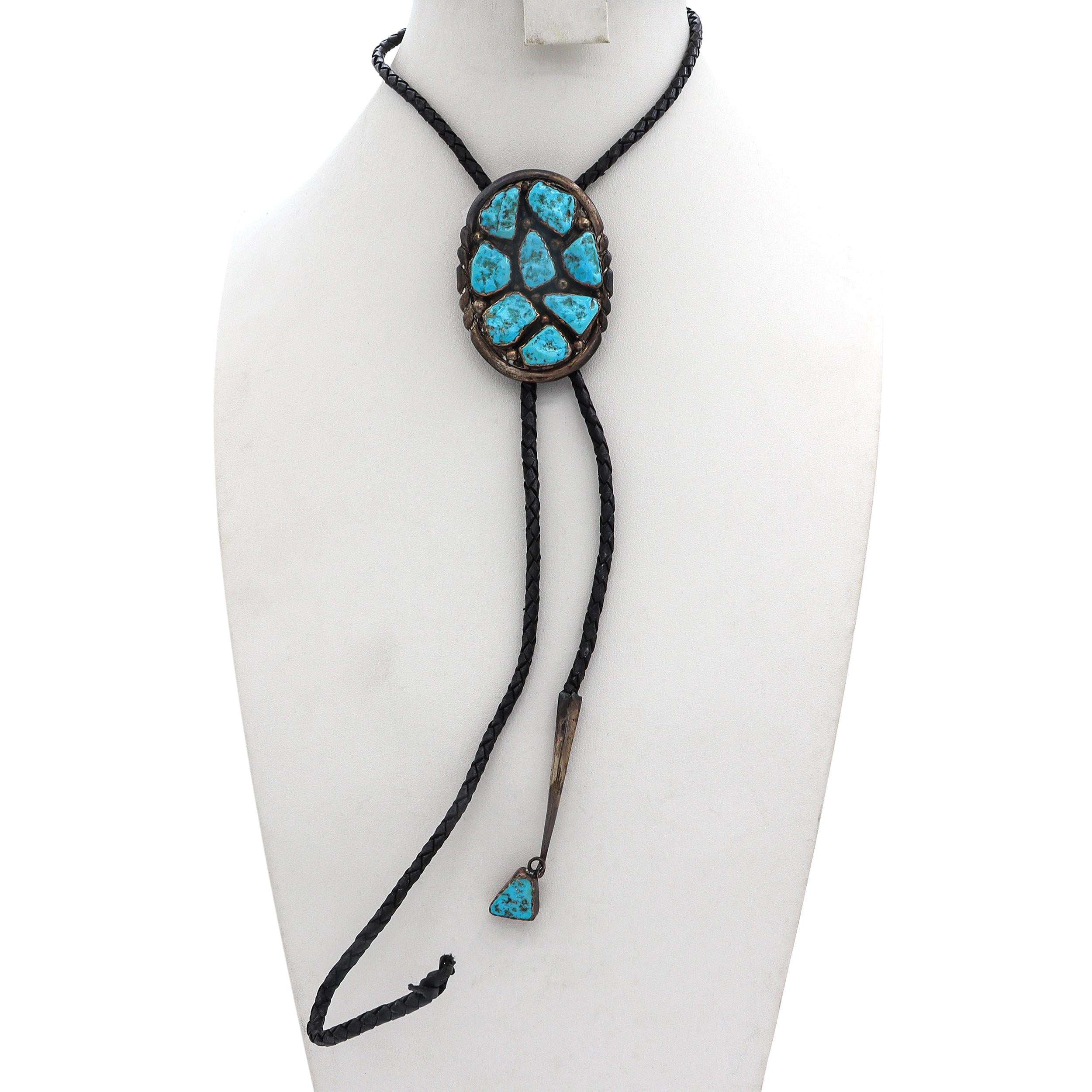 Vintage EYM Signed Zuni Sterling Silver and Turquoise Cluster Bolo Tie