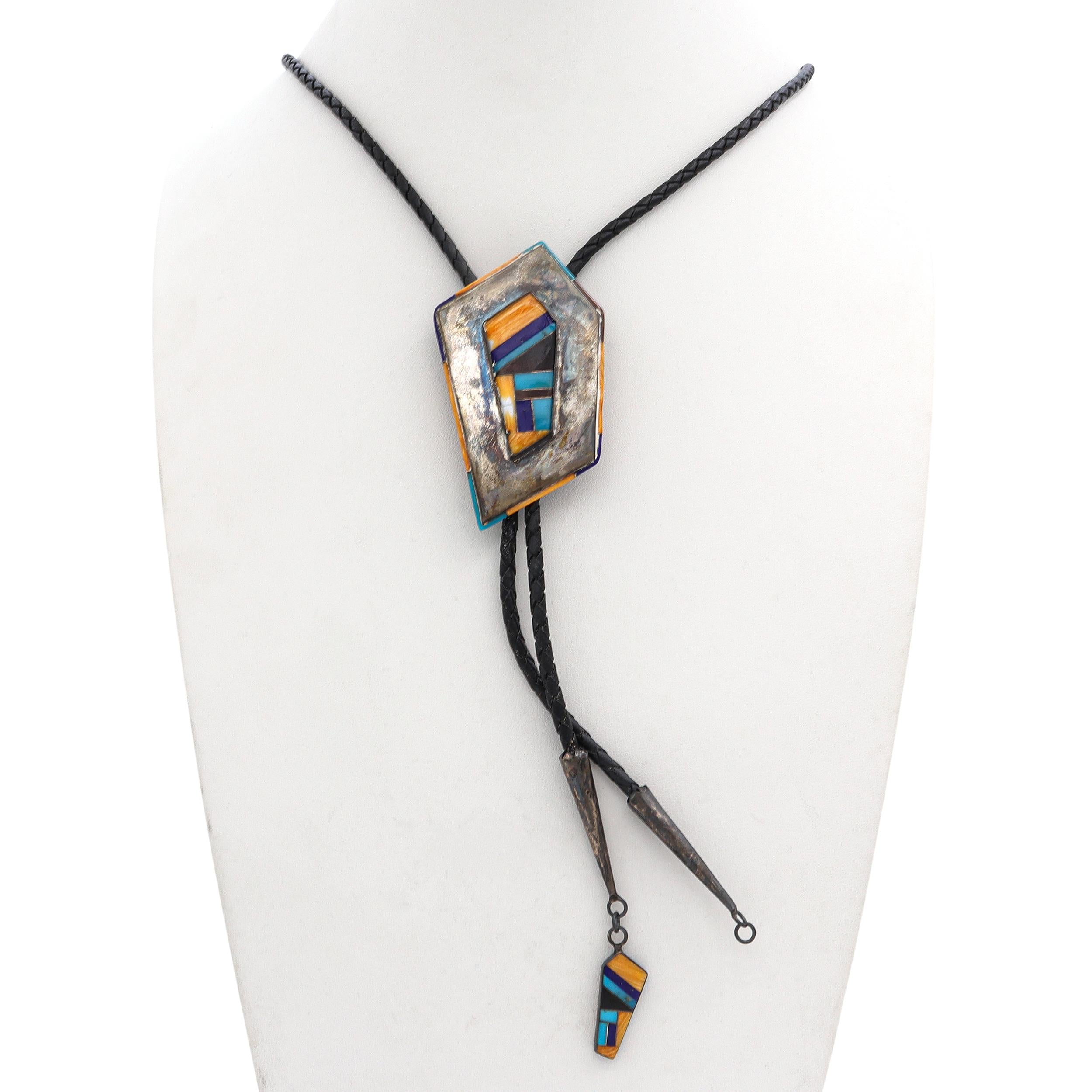 Vintage Sterling Silver Multi-Stone Inlay Bolo Tie