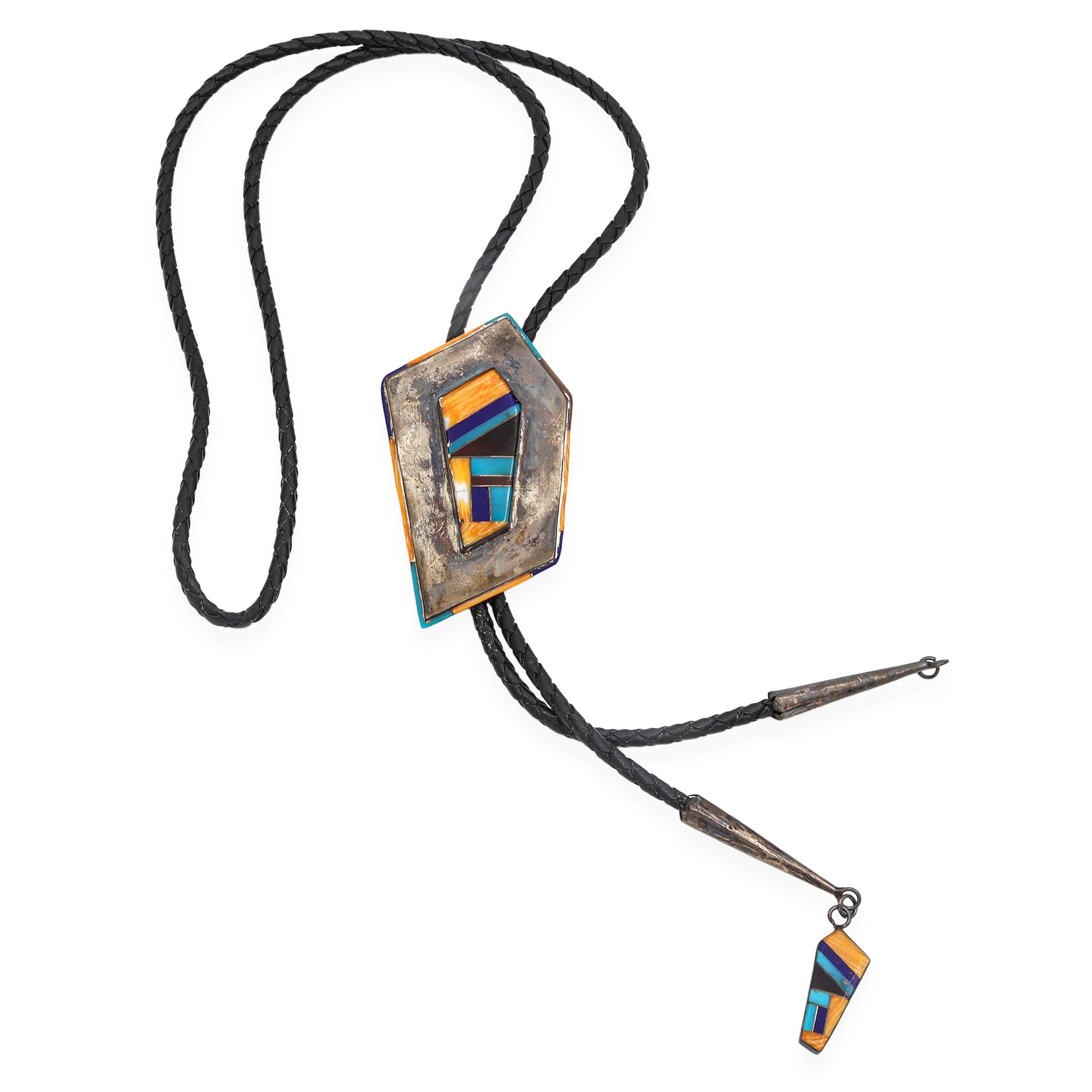Vintage Sterling Silver Multi-Stone Inlay Bolo Tie