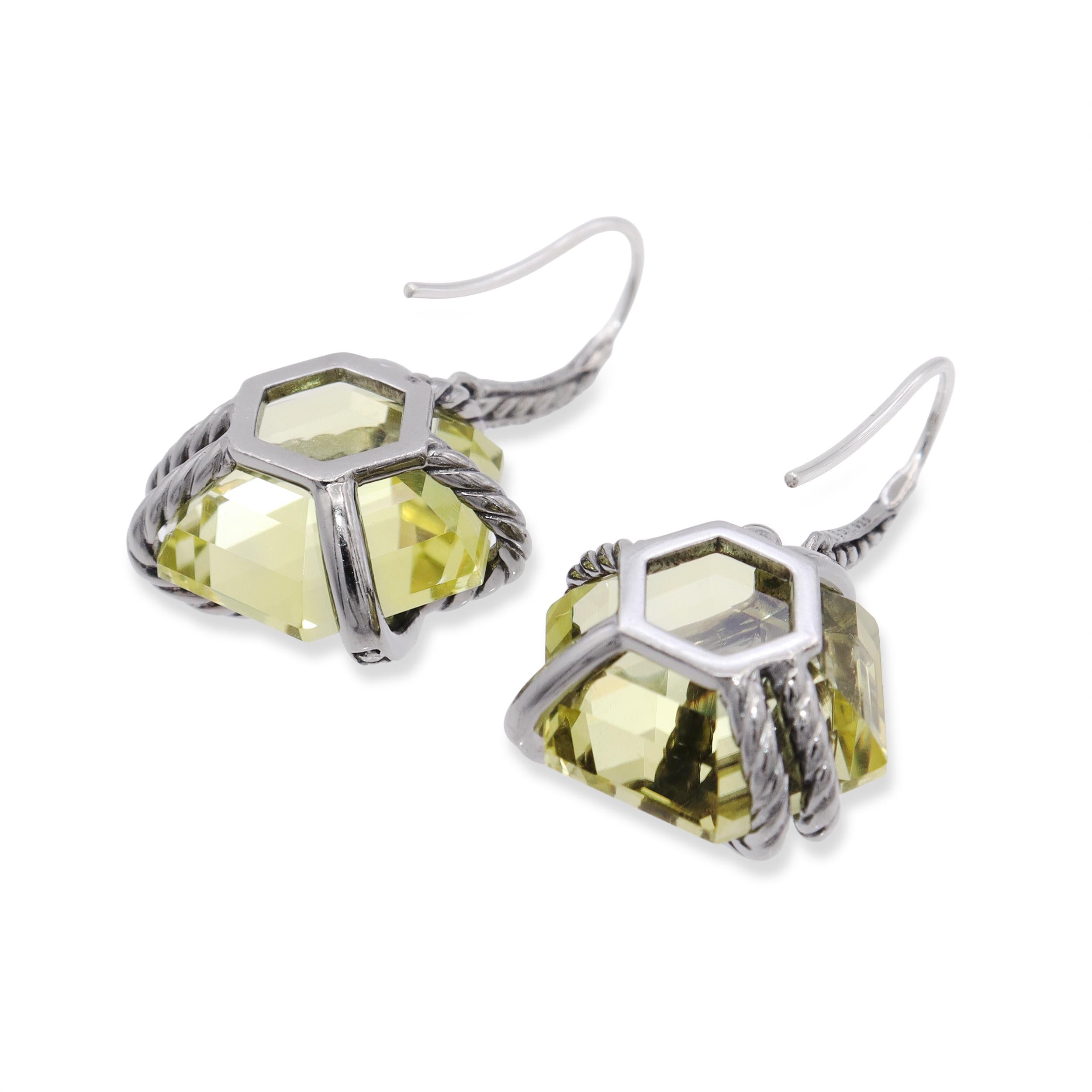David Yurman Sterling Silver Cable Wrap Peridot & Diamond Drop Earrings