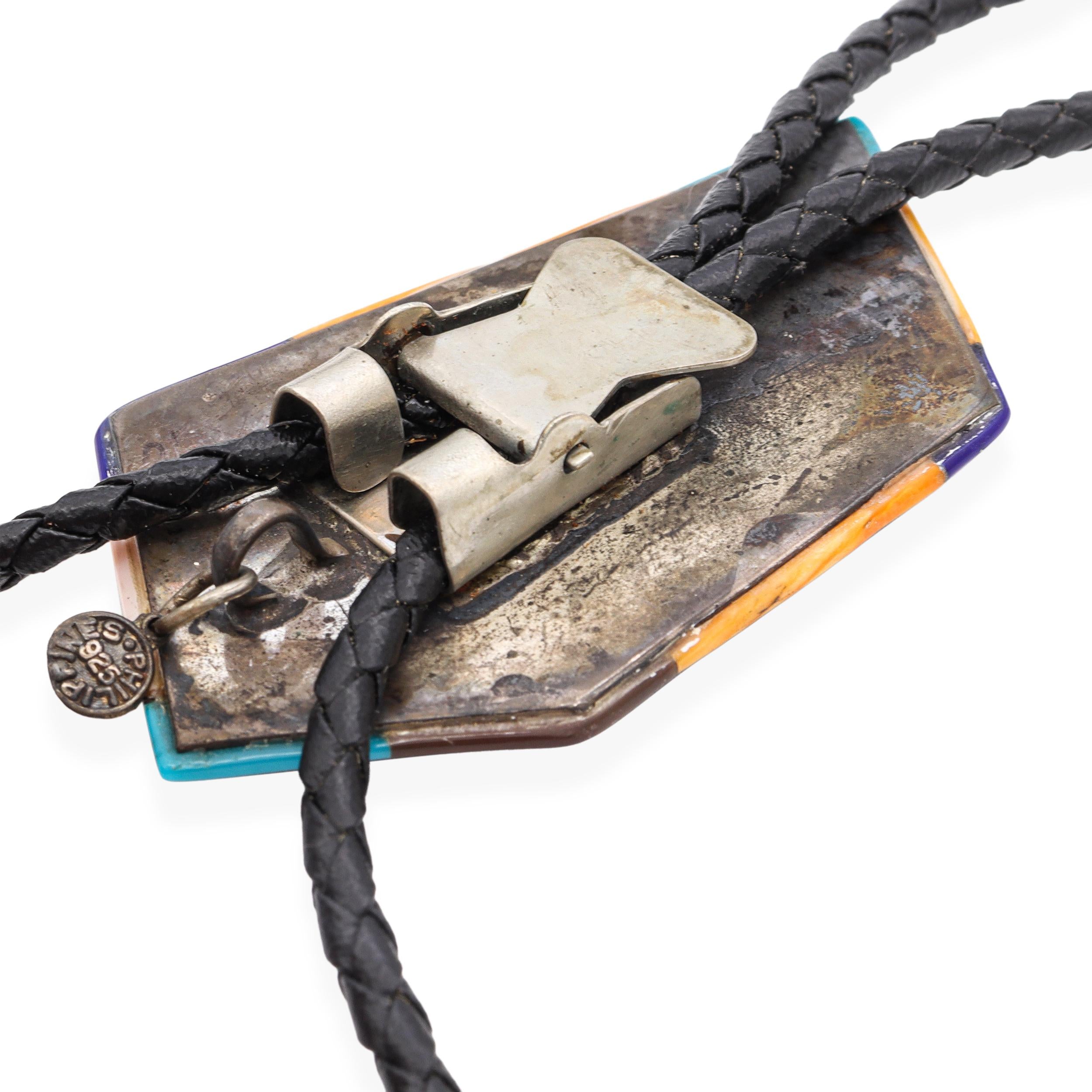 Vintage Sterling Silver Multi-Stone Inlay Bolo Tie