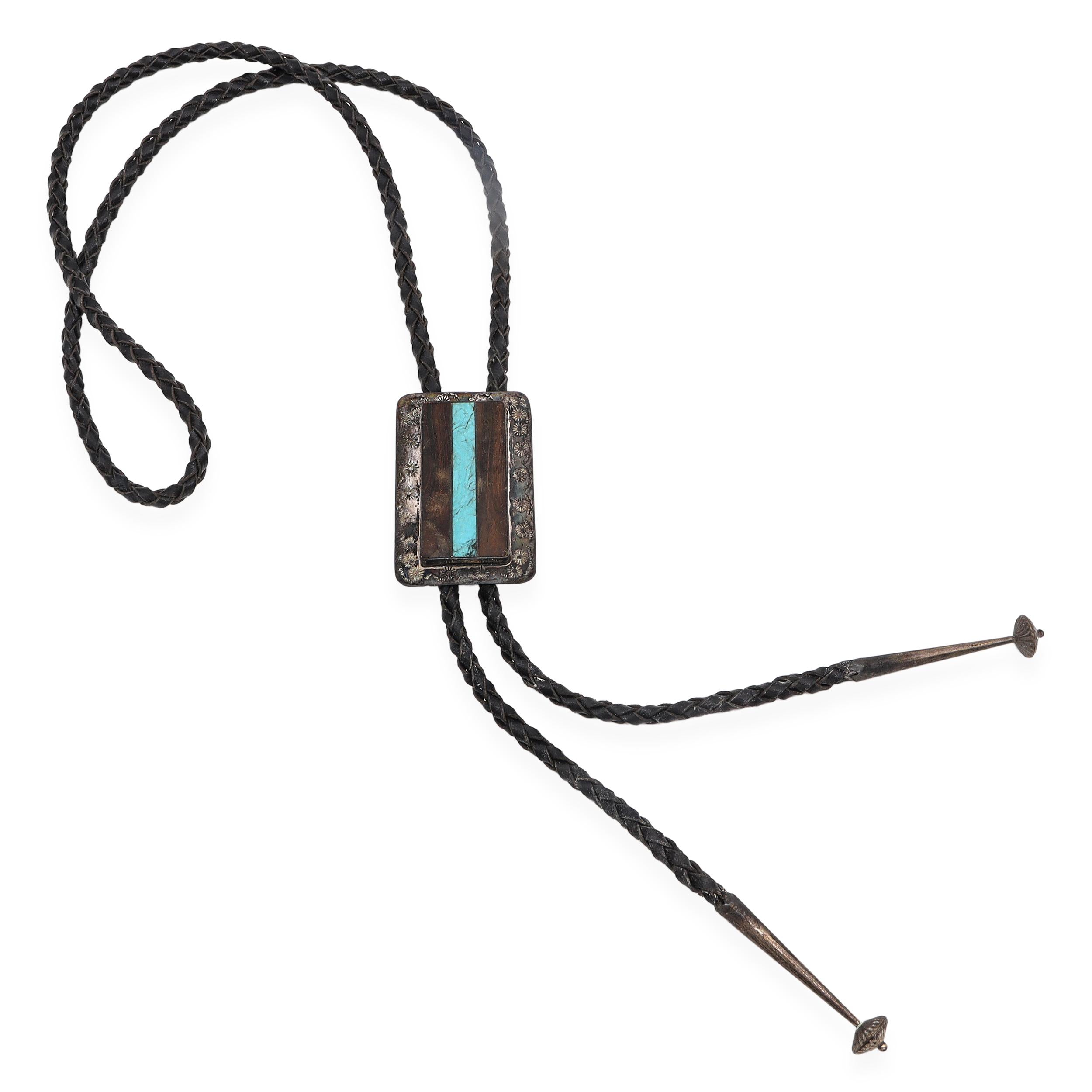 Vintage Native American Navajo Sterling Silver Turquoise and Wood Inlay Bolo Tie