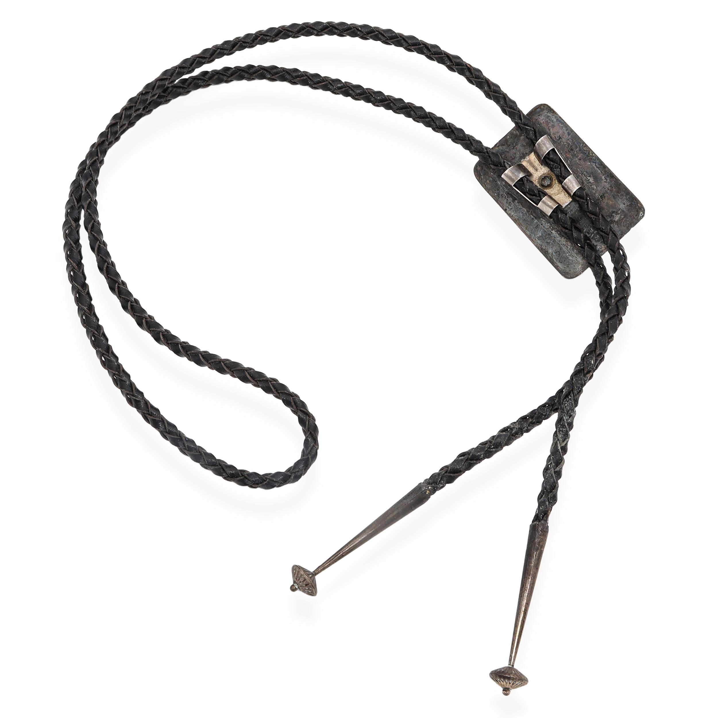 Vintage Native American Navajo Sterling Silver Turquoise and Wood Inlay Bolo Tie