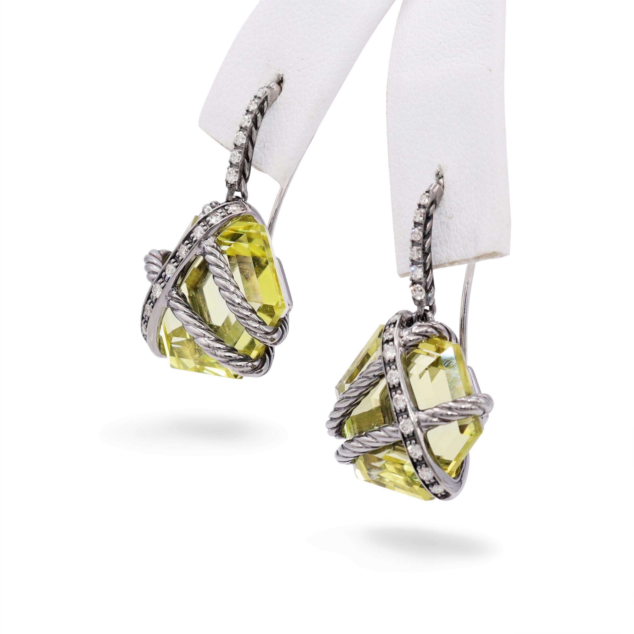 David Yurman Sterling Silver Cable Wrap Peridot & Diamond Drop Earrings