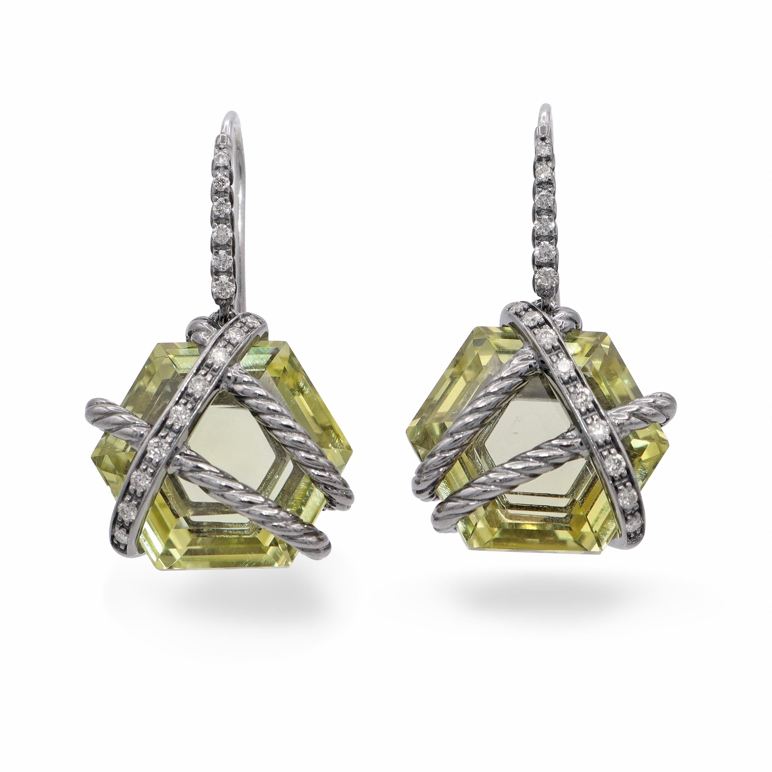David Yurman Sterling Silver Cable Wrap Peridot & Diamond Drop Earrings