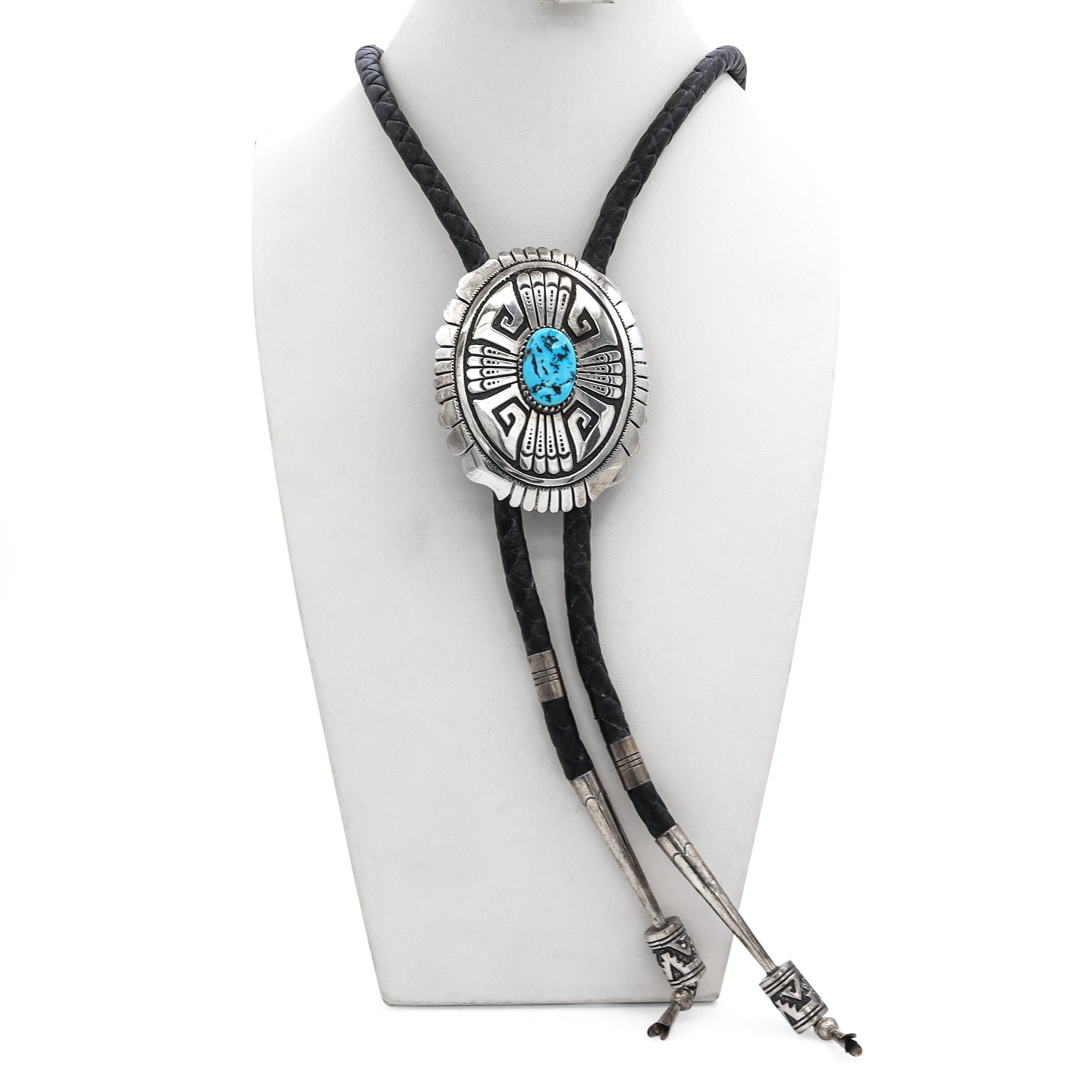 Vintage Southwestern Thomas Singer Navajo Sterling Silver Turquoise Bolo Tie