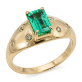 14k Yellow Gold 1.01ct Colombian Emerald and Burnished Set Diamond Ring