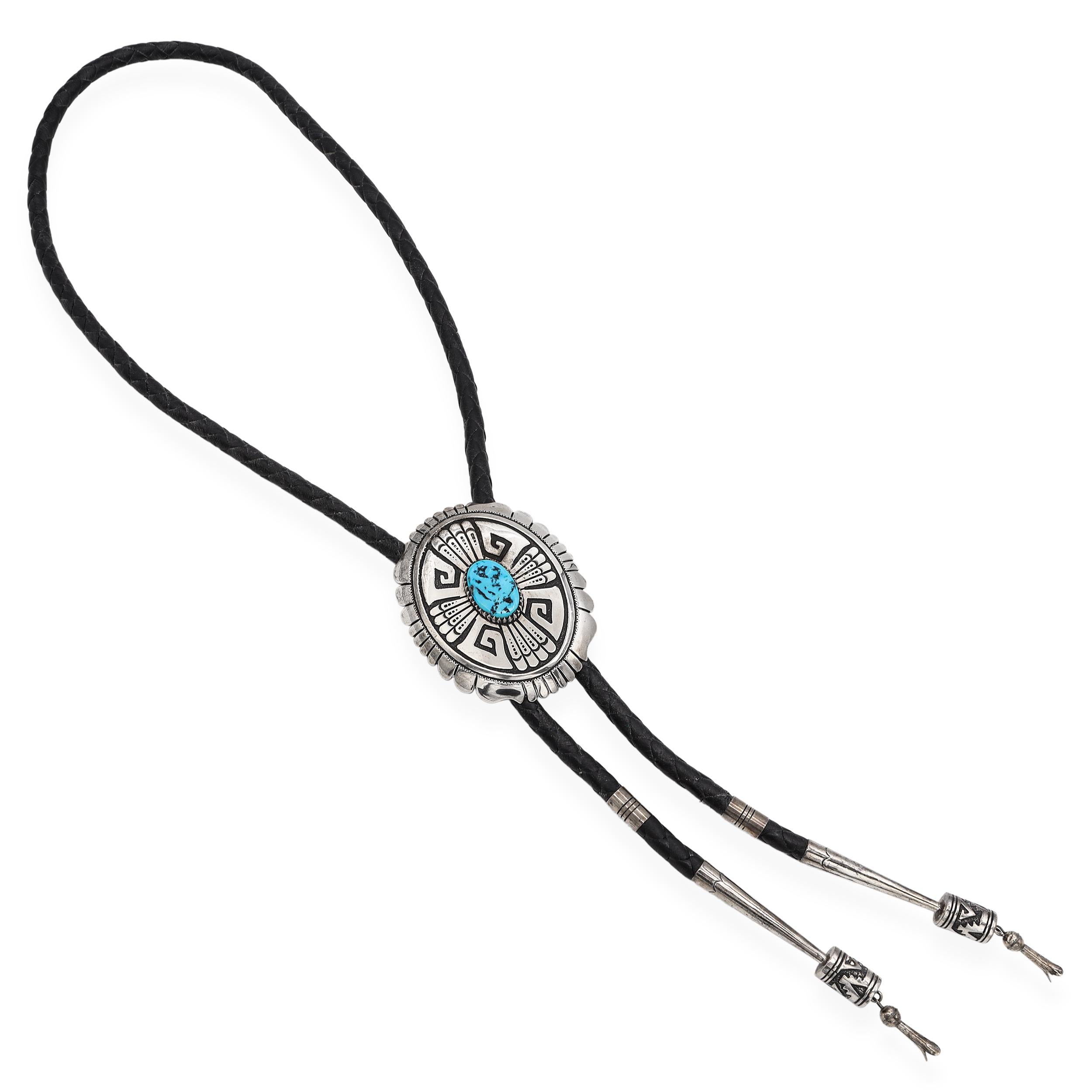 Vintage Southwestern Thomas Singer Navajo Sterling Silver Turquoise Bolo Tie