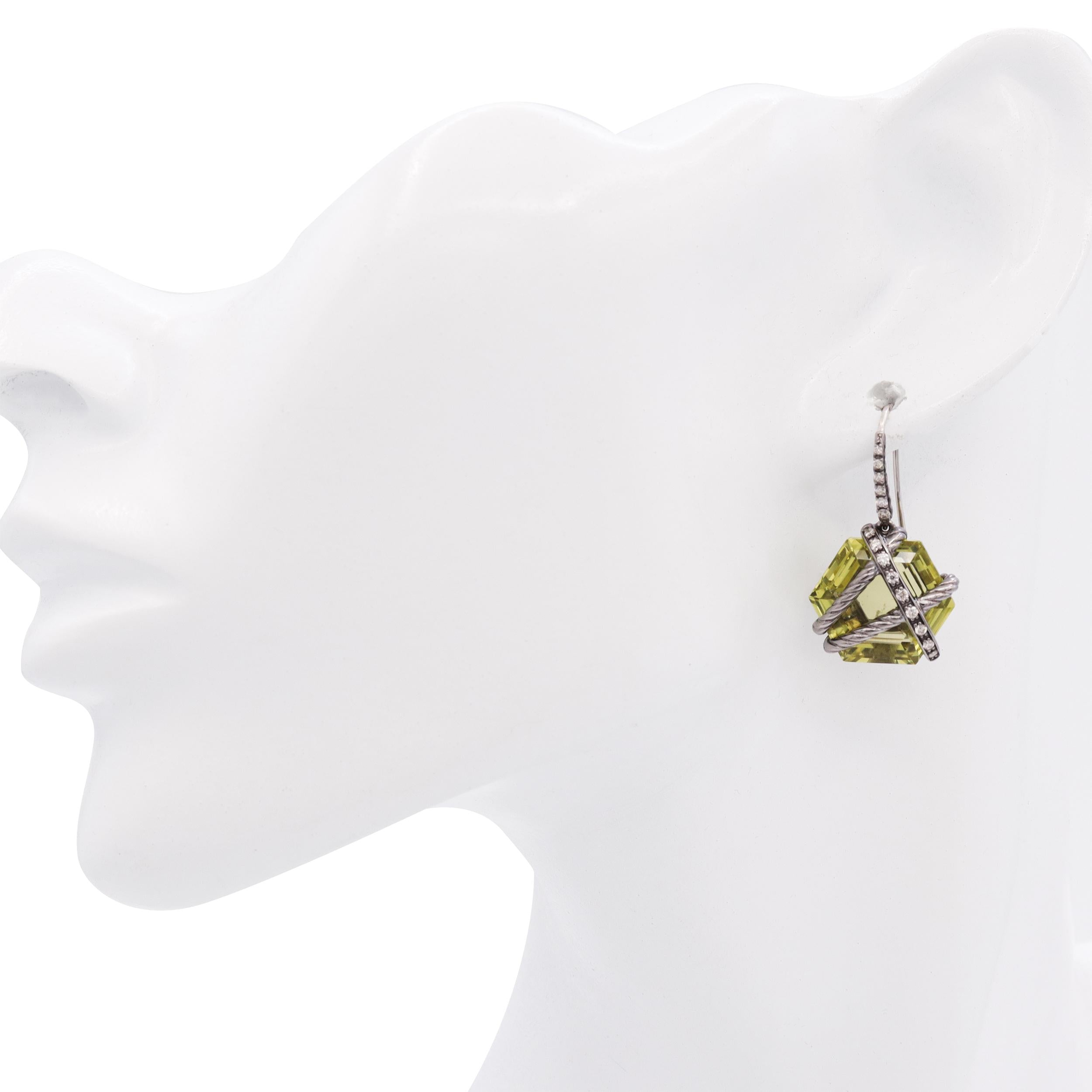 David Yurman Sterling Silver Cable Wrap Peridot & Diamond Drop Earrings