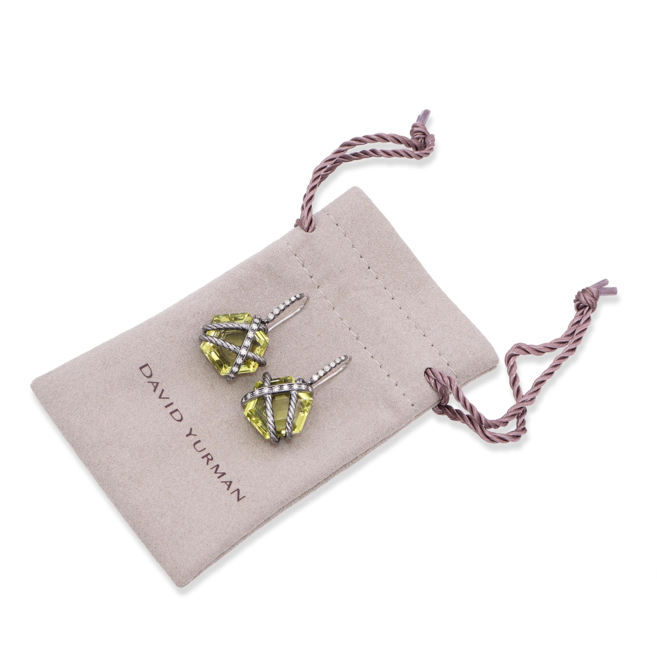 David Yurman Sterling Silver Cable Wrap Peridot & Diamond Drop Earrings