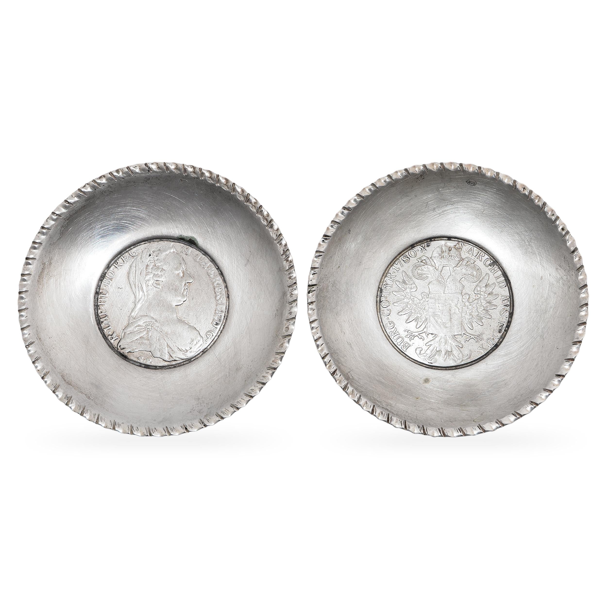 Vintage Pair of Austrian Maria Theresa Thaler Silver Coin Dishes