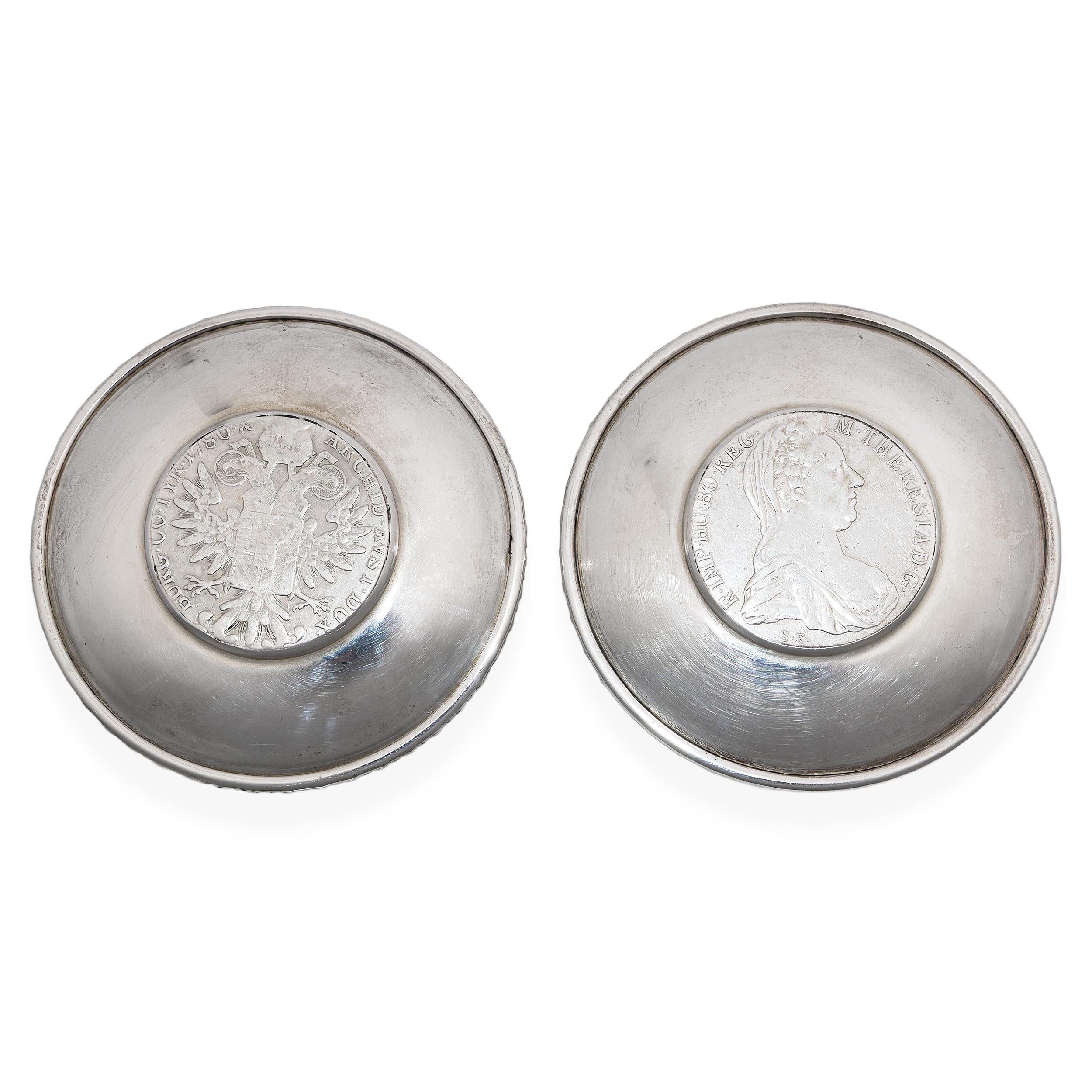 Vintage Pair of Austrian Maria Theresa Thaler Silver Coin Dishes