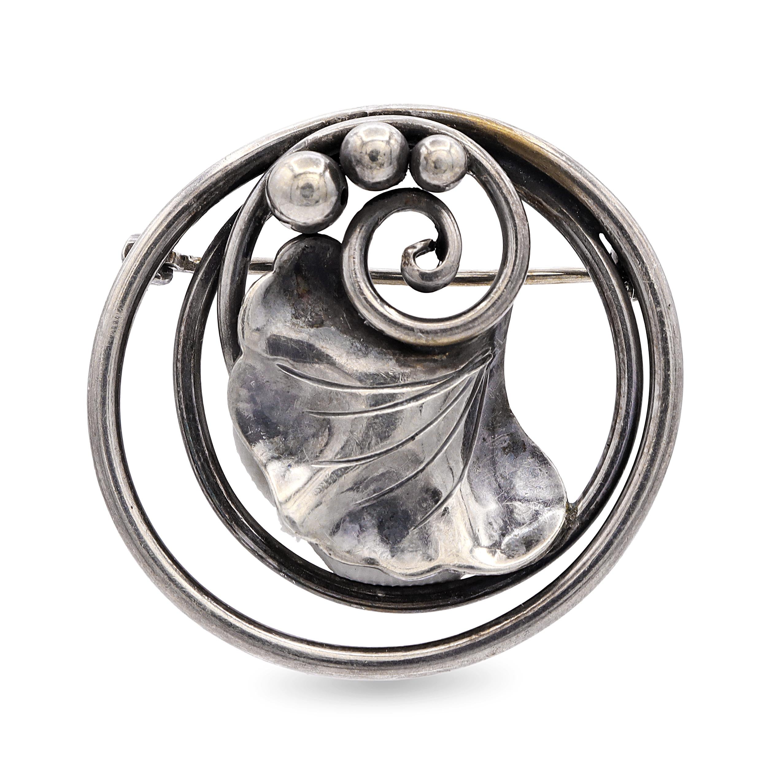 Vintage 1940s George Jensen Sterling Silver Lotus Leaf Brooch
