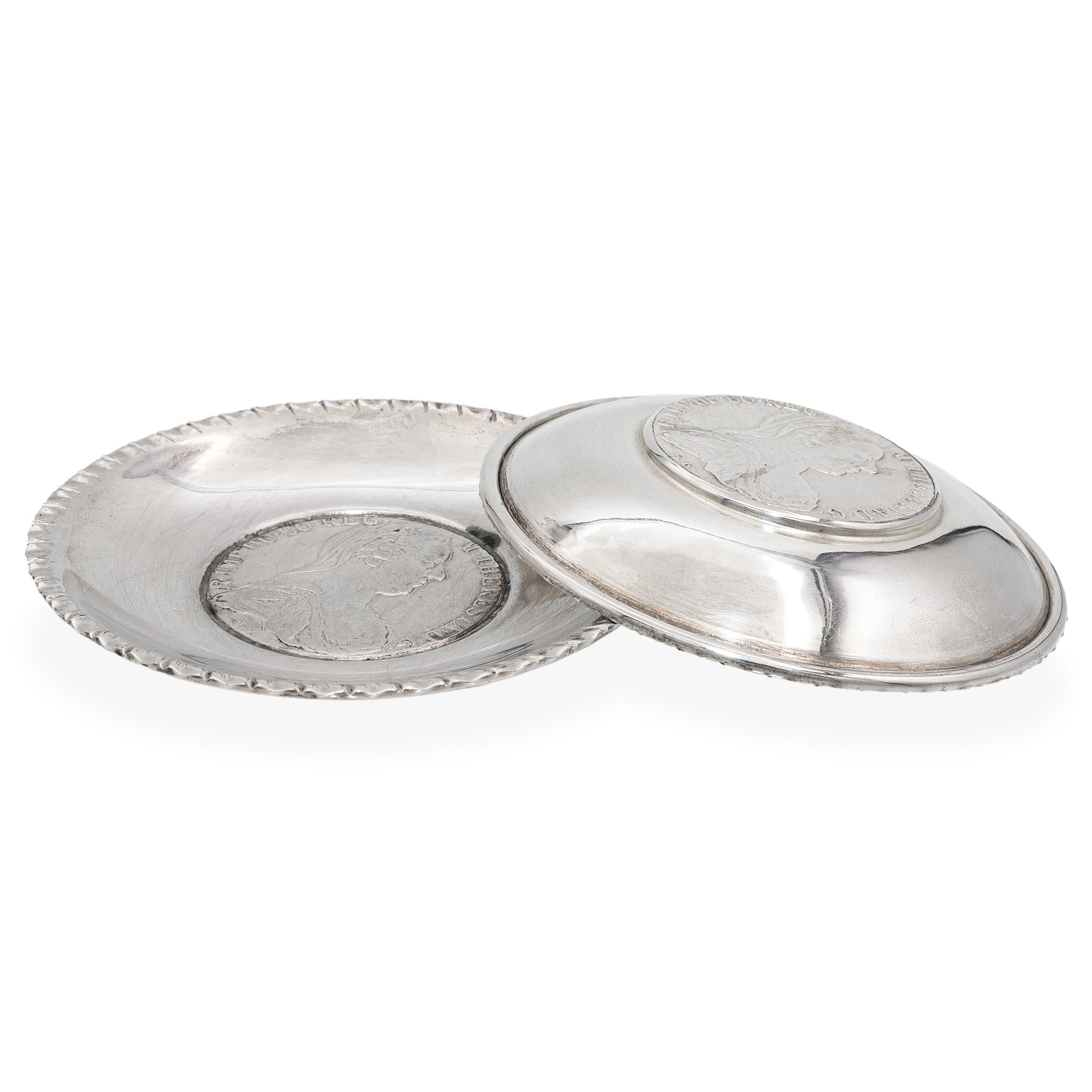 Vintage Pair of Austrian Maria Theresa Thaler Silver Coin Dishes