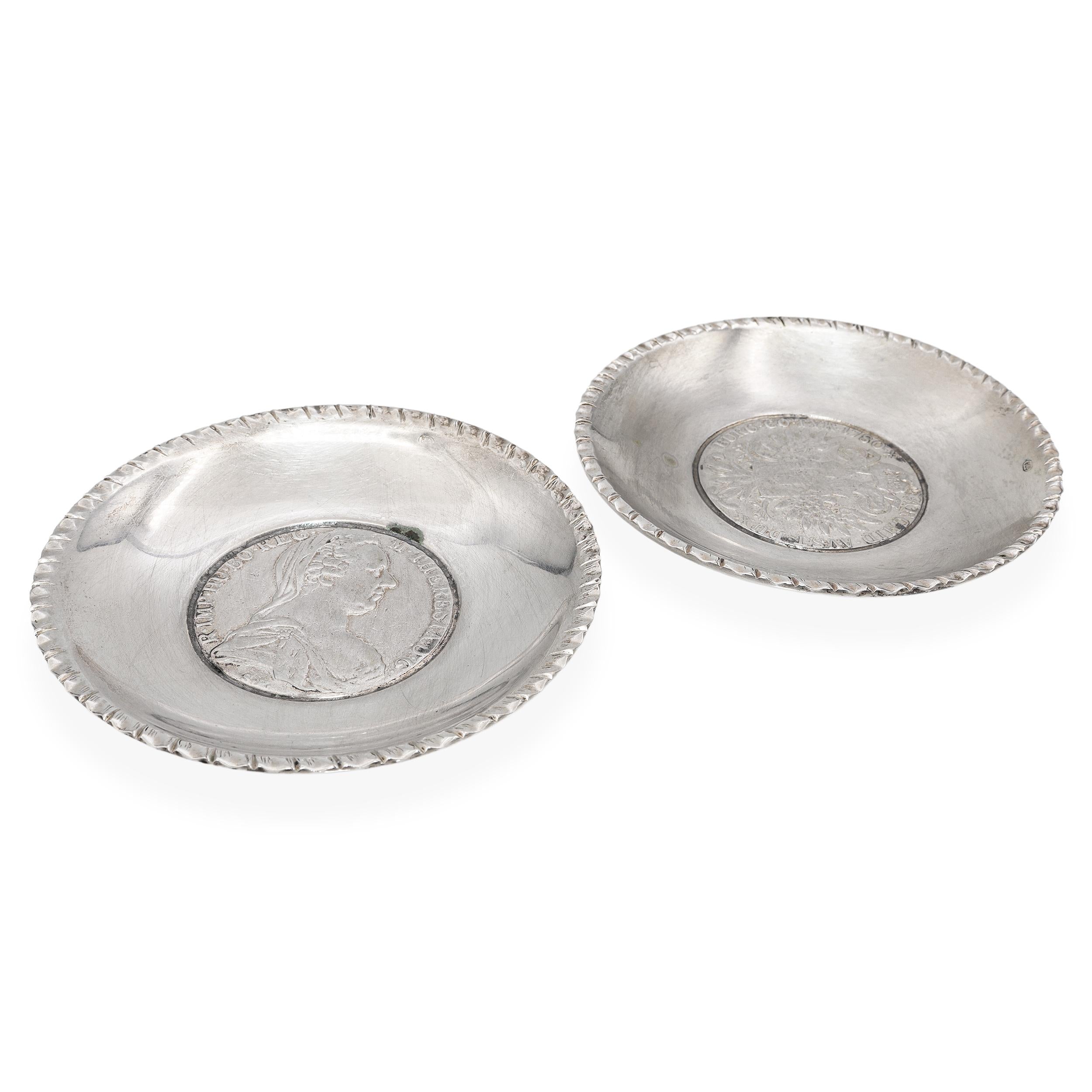 Vintage Pair of Austrian Maria Theresa Thaler Silver Coin Dishes