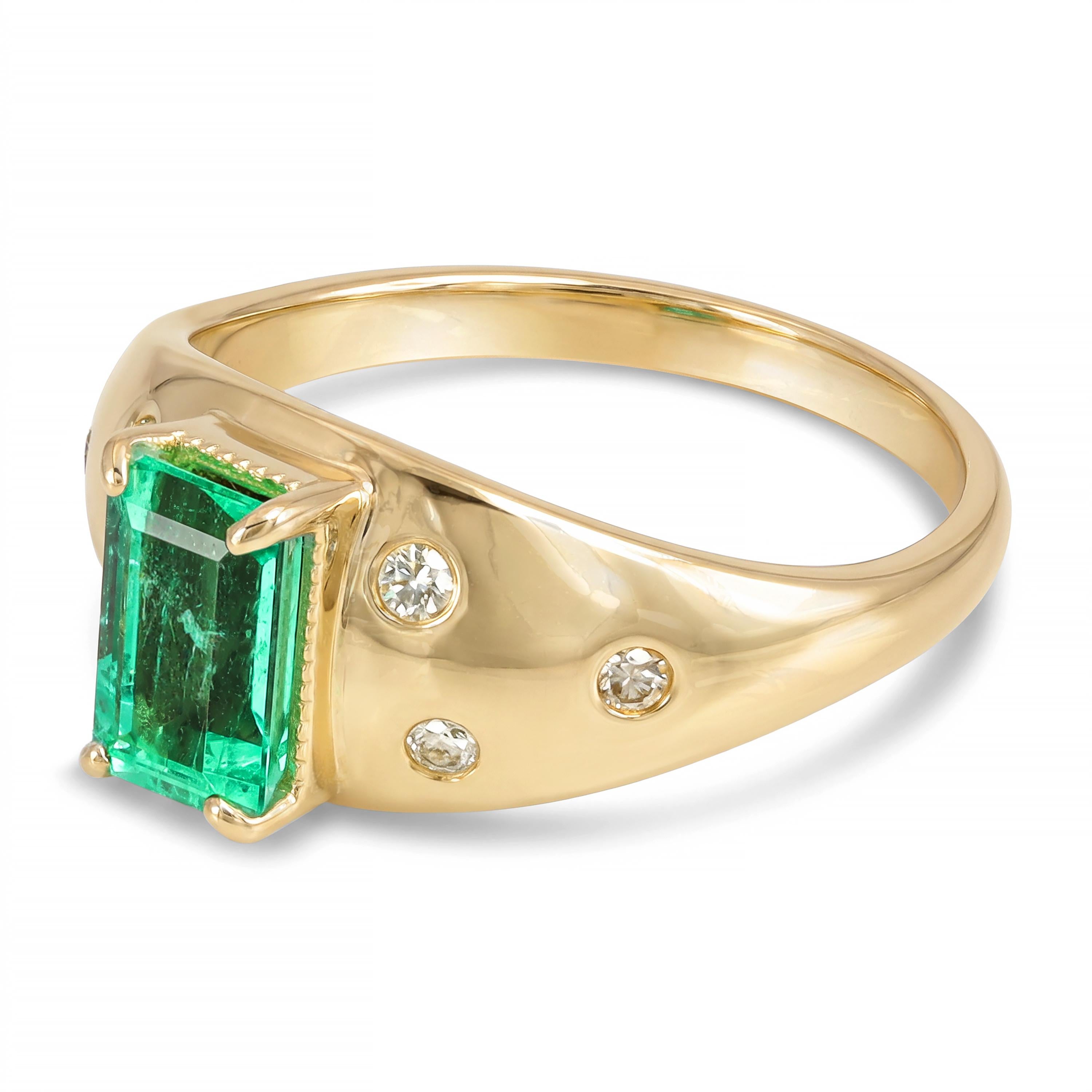 14k Yellow Gold 1.01ct Colombian Emerald and Burnished Set Diamond Ring