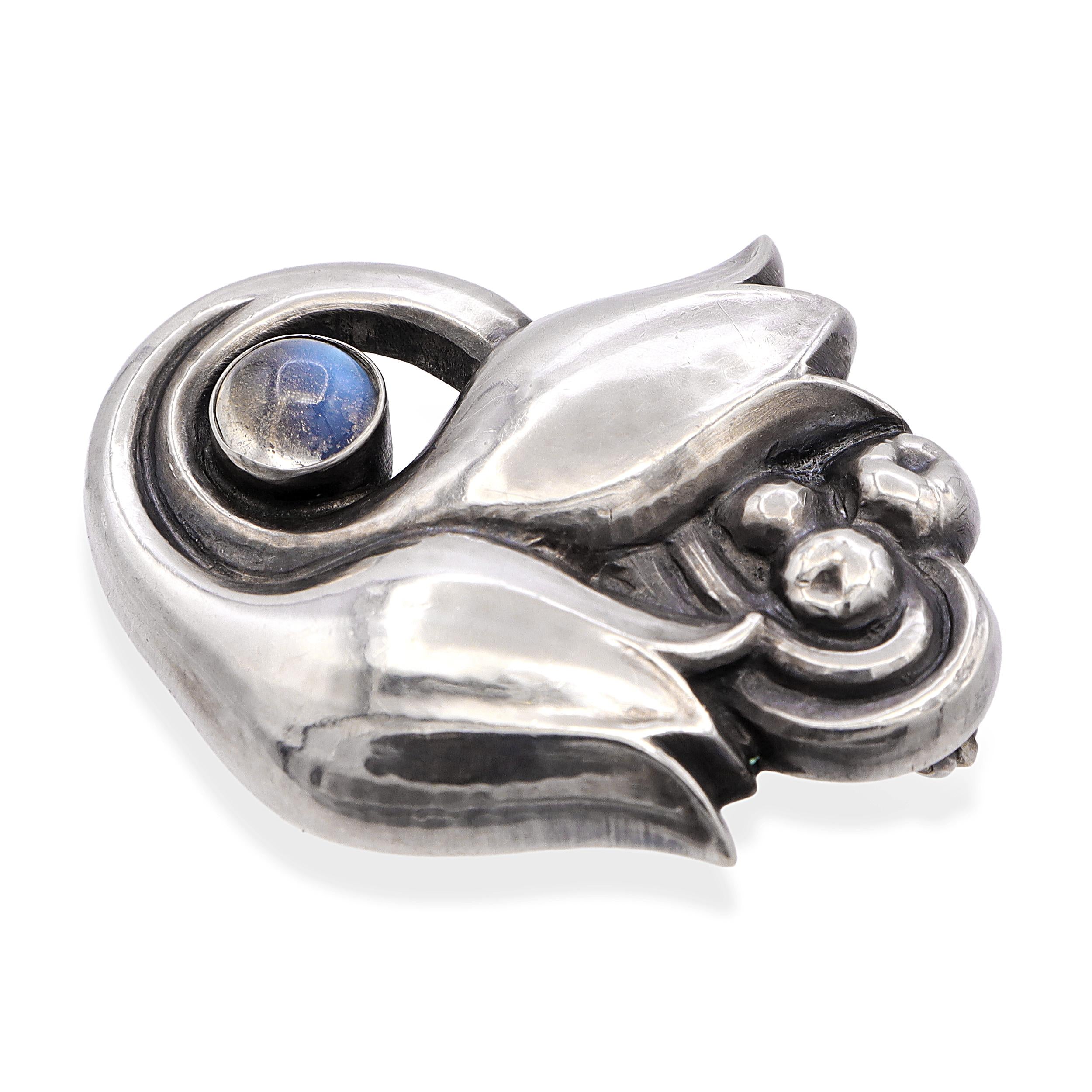 Vintage Georg Jensen Sterling Silver No. 100 Moonstone Tulip Brooch