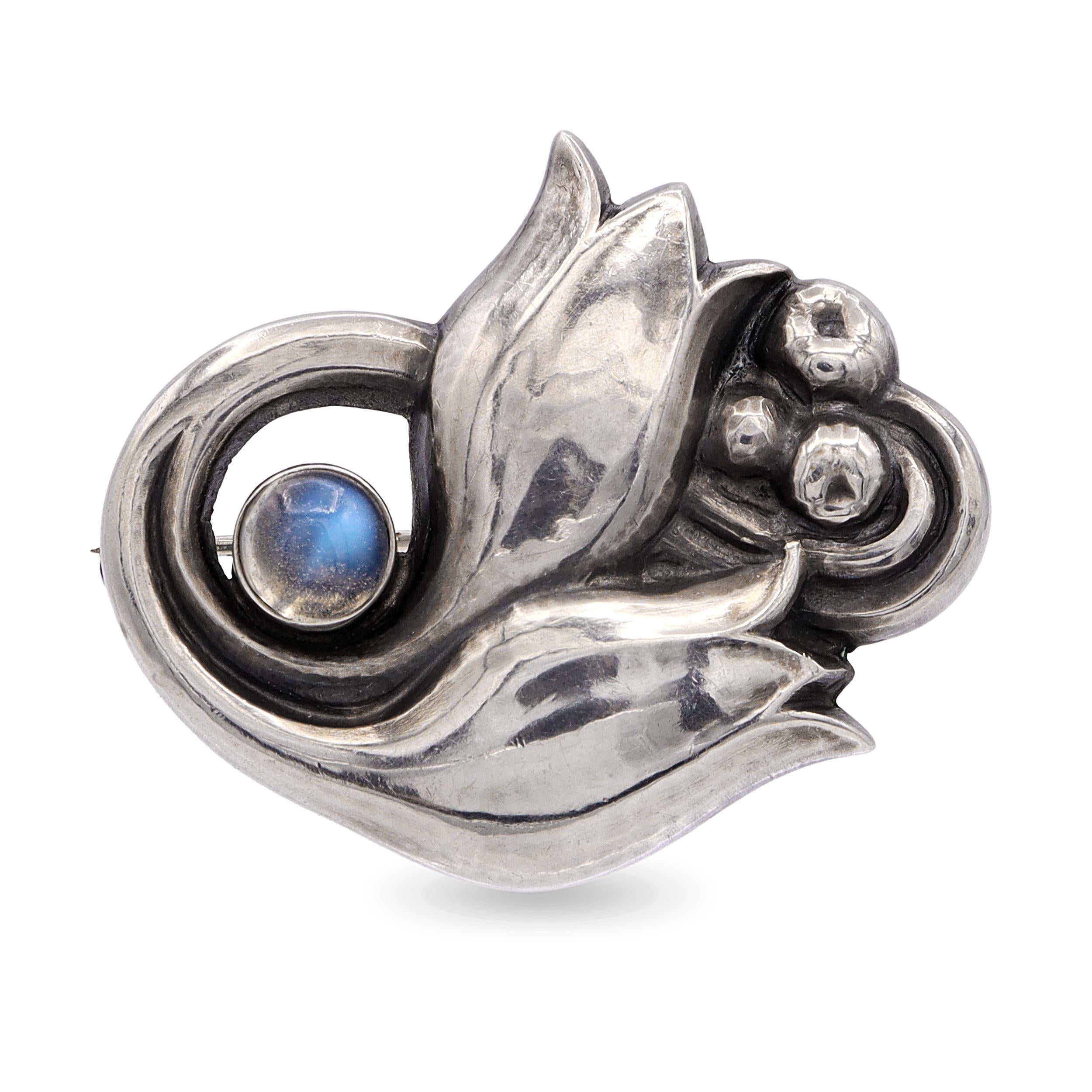 Vintage Georg Jensen Sterling Silver No. 100 Moonstone Tulip Brooch