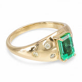 14k Yellow Gold 1.01ct Colombian Emerald and Burnished Set Diamond Ring