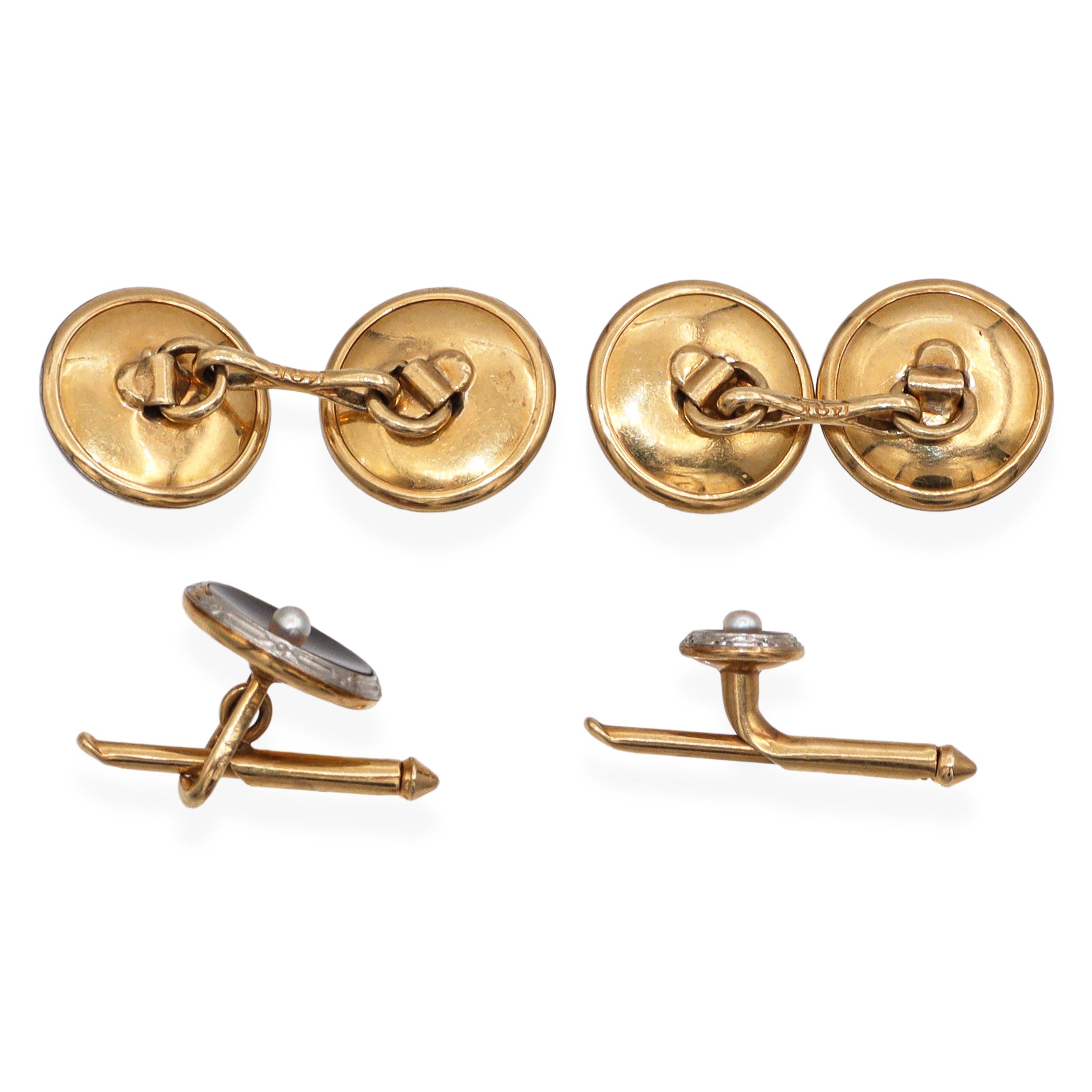 Vintage 14K Yellow Gold Mother of Pearl and Seed Pearl Cufflink & Shirt Stud Set