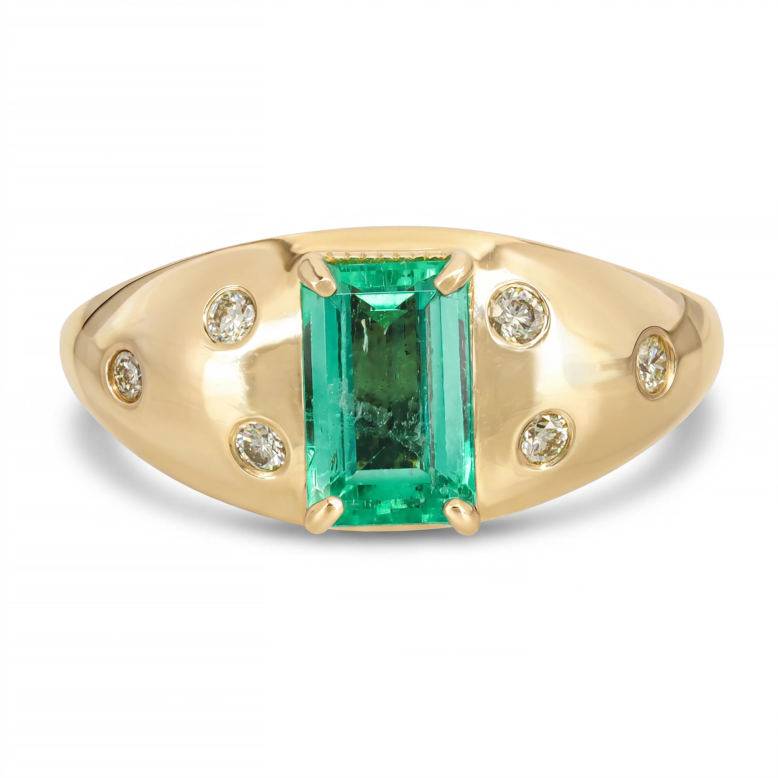 14k Yellow Gold 1.01ct Colombian Emerald and Burnished Set Diamond Ring