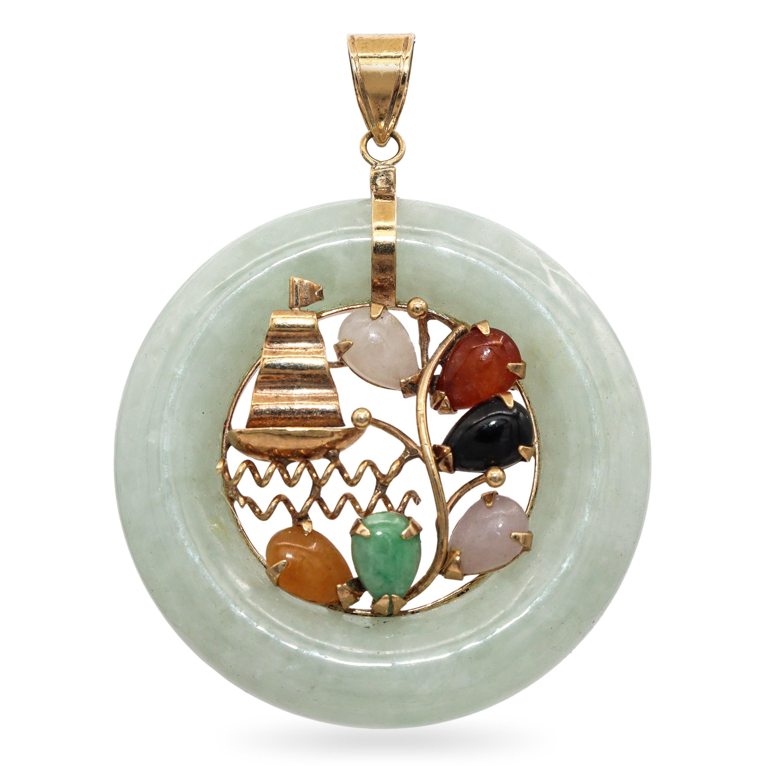 Vintage 14k Yellow Gold Multi-Gemstone Sailboat with Green Jade Donut Pendant