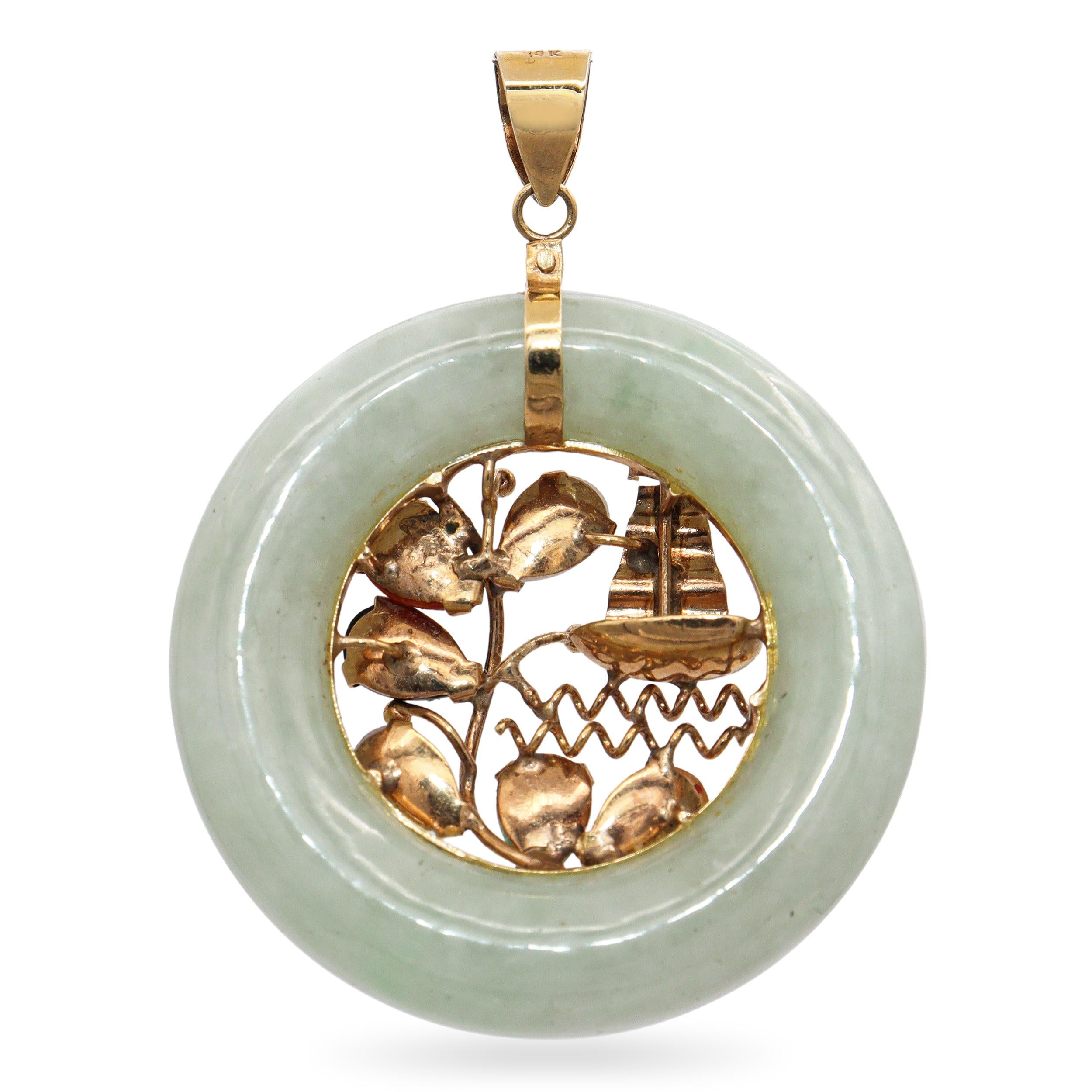 Vintage 14k Yellow Gold Multi-Gemstone Sailboat with Green Jade Donut Pendant