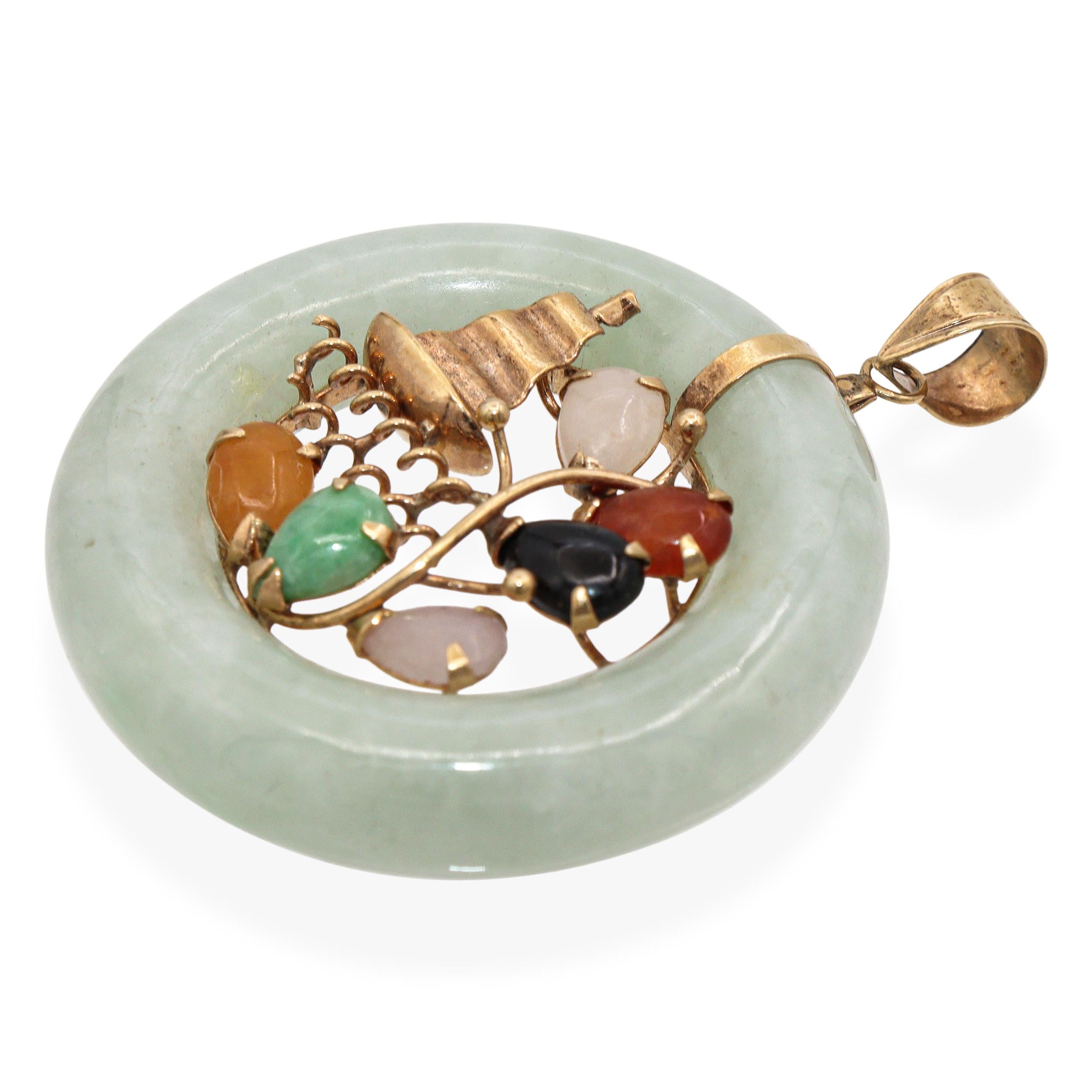 Vintage 14k Yellow Gold Multi-Gemstone Sailboat with Green Jade Donut Pendant