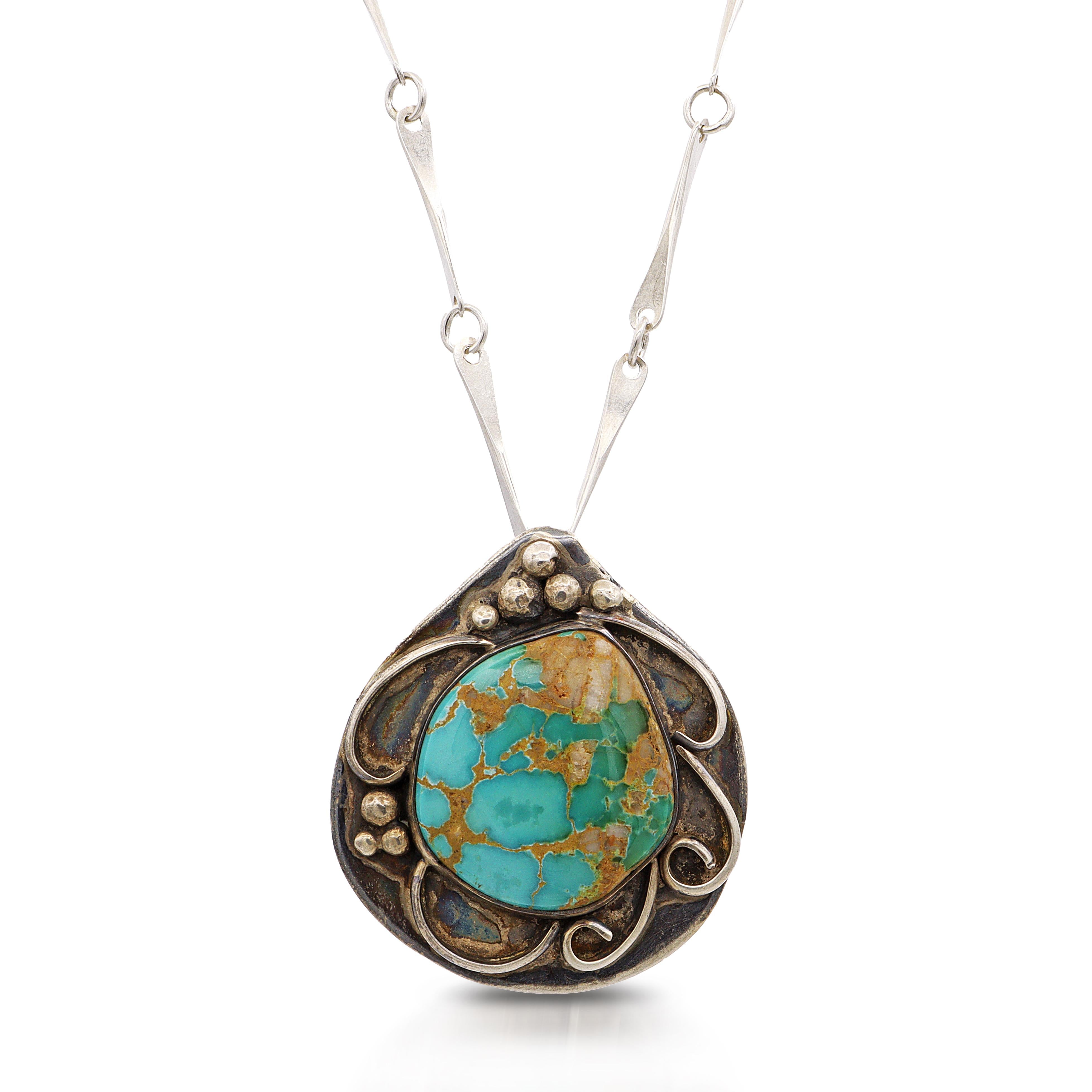 Vintage Southwestern PJ Signed Sterling Silver Turquoise Pendant Necklace