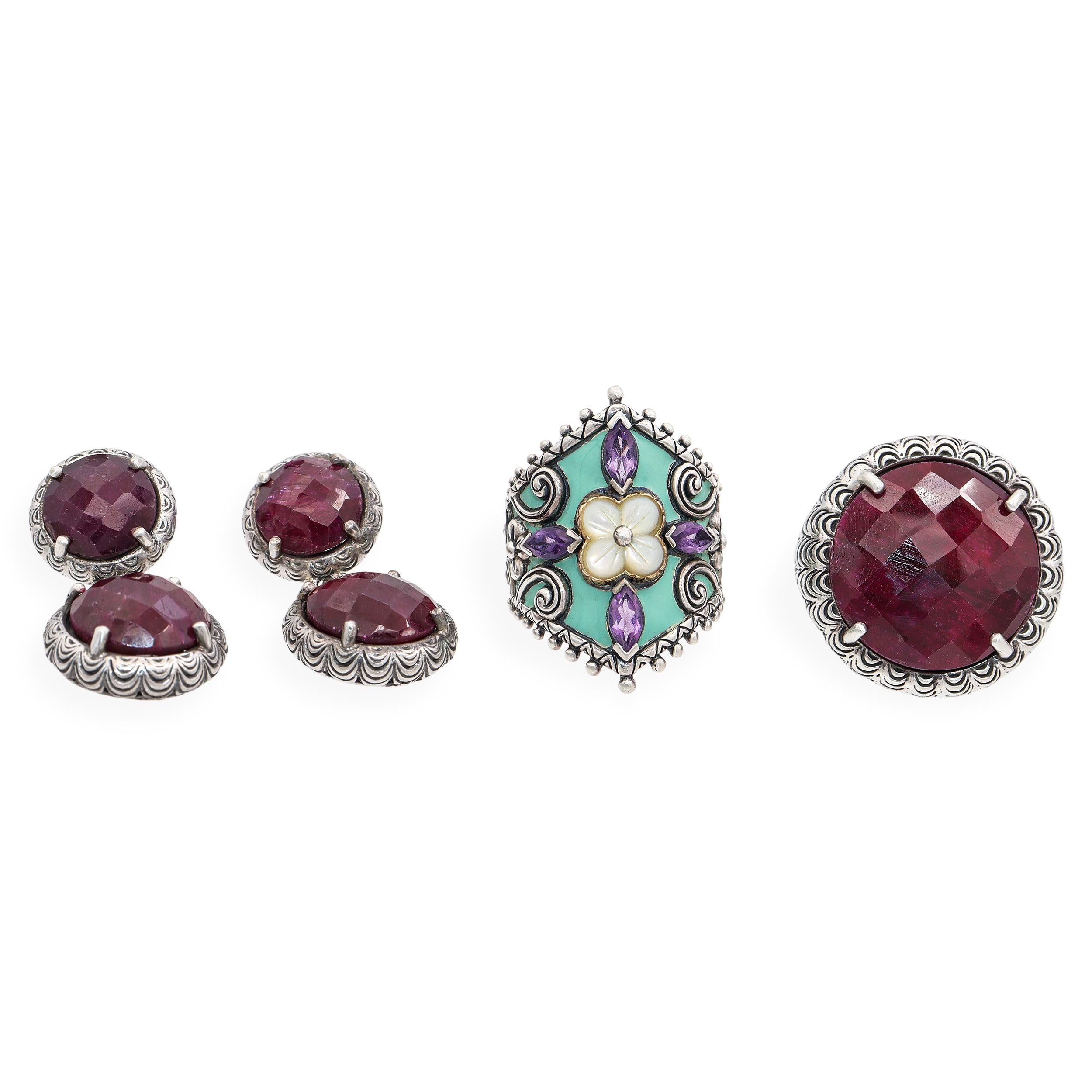 Lot of 3 Designer Bixby Clyde Duneier Silver 18k Gold Gemstone Ring Earrings Set