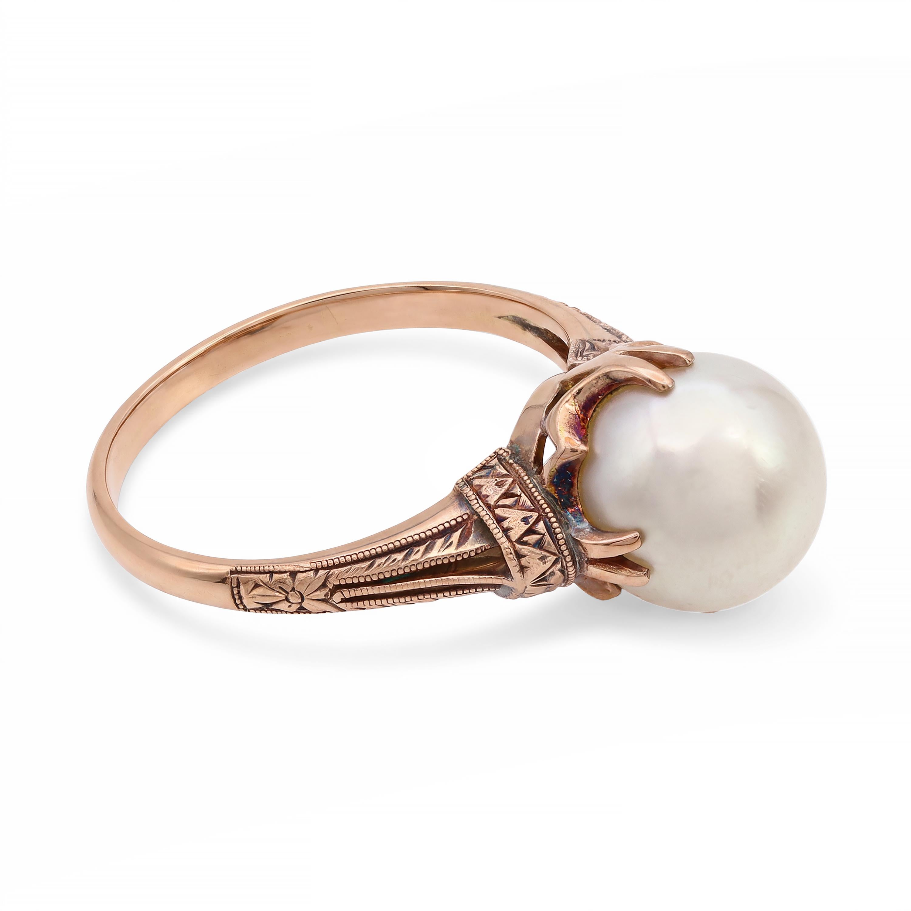 Vintage Engraved 14k Yellow Gold Pearl Ring
