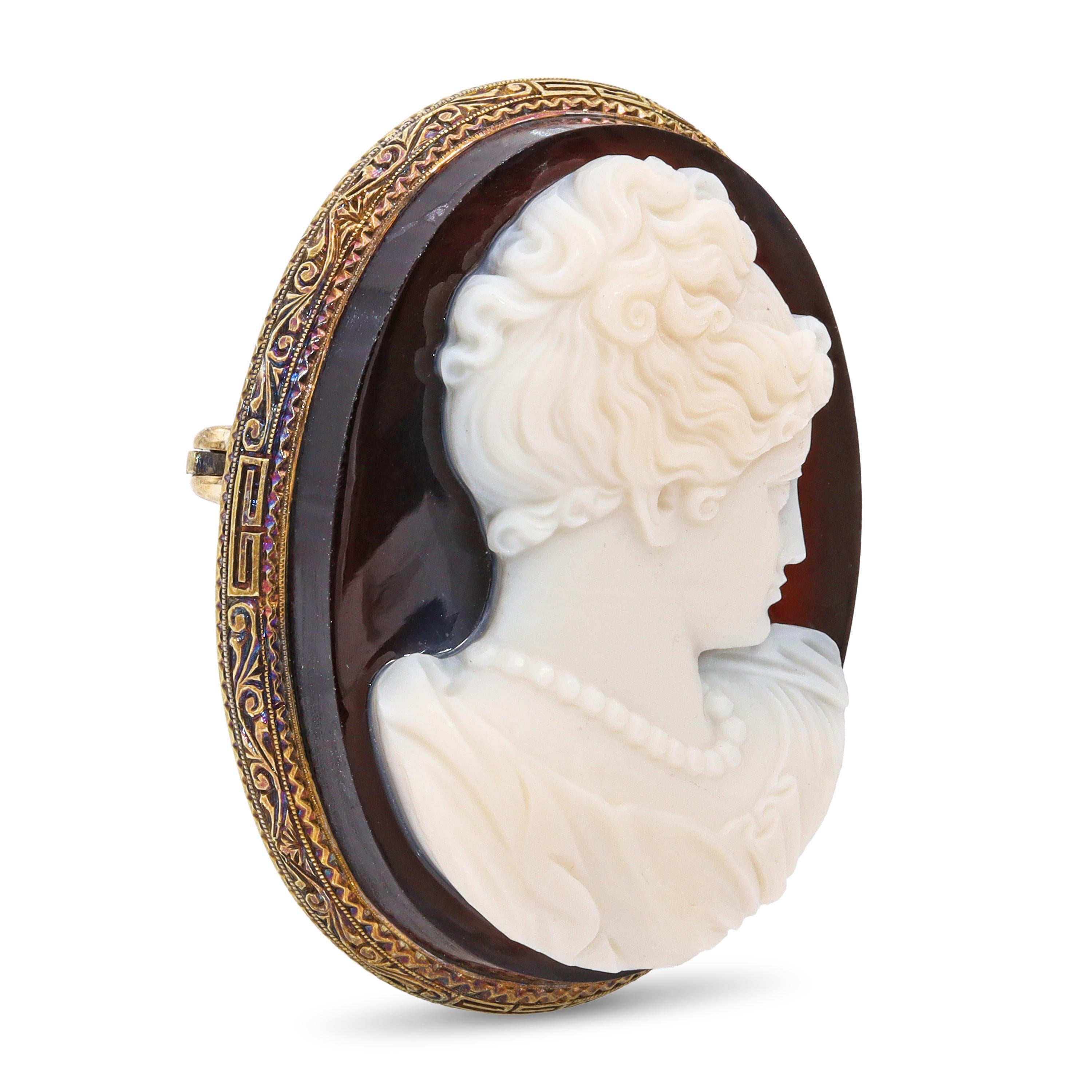 Antique 14k Yellow Gold Sardonyx Female Classical Cameo Brooch