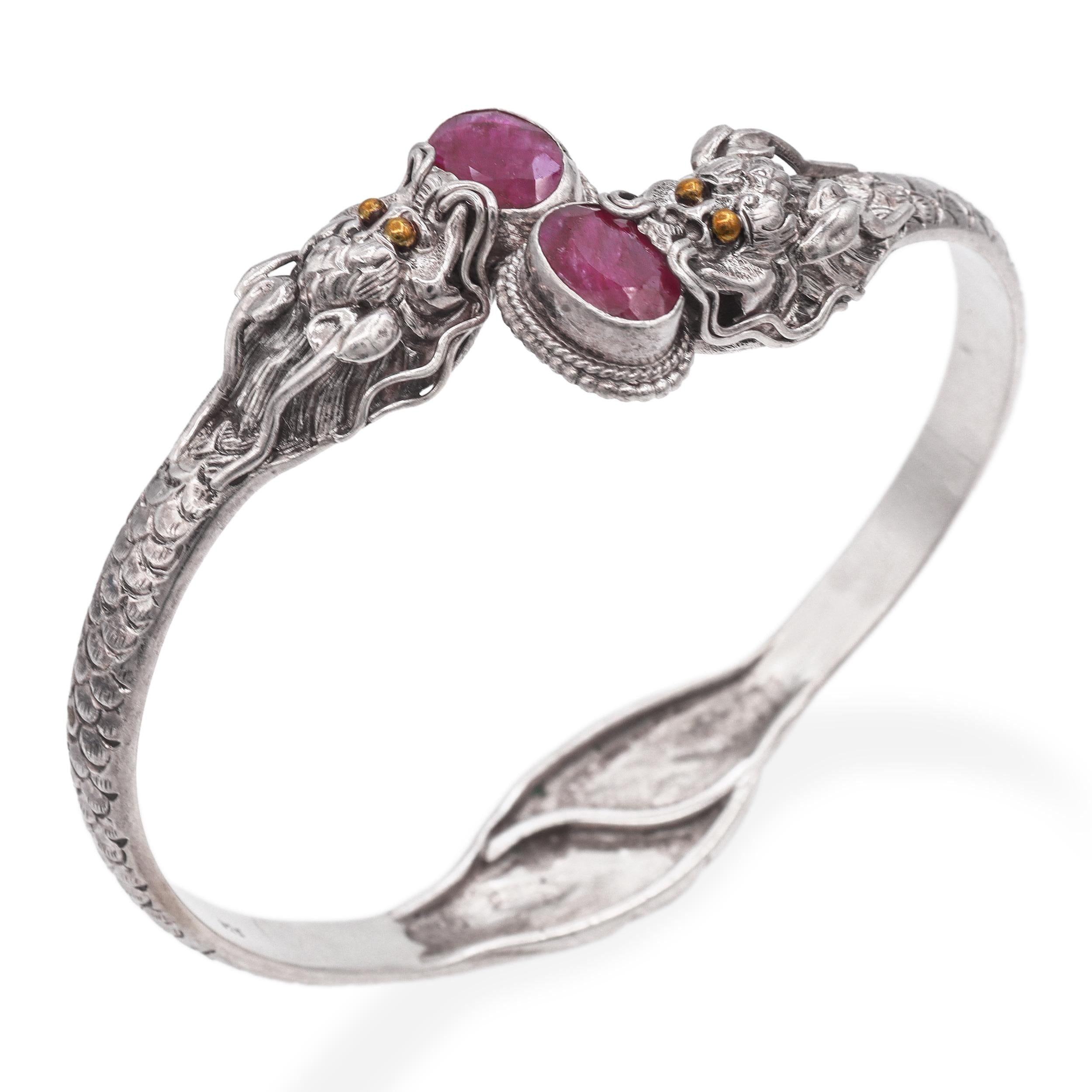 Vintage Sterling Silver Faceted Ruby Dragon Motif Bangle Bracelet