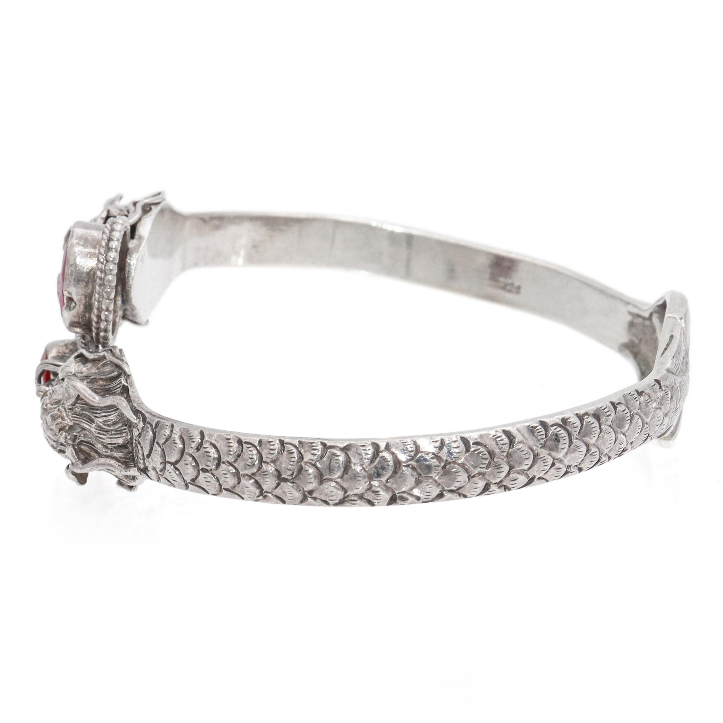Vintage Sterling Silver Faceted Ruby Dragon Motif Bangle Bracelet