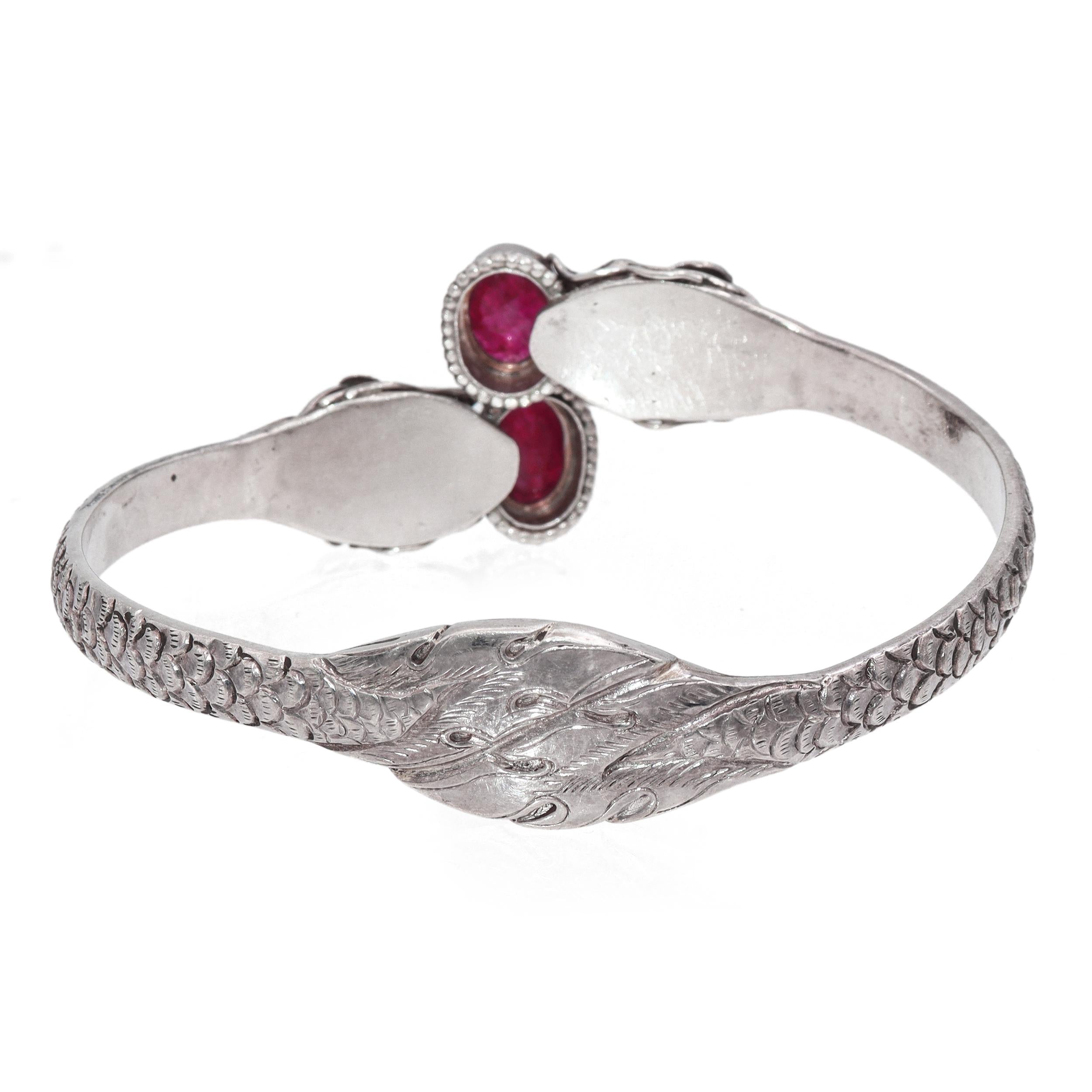 Vintage Sterling Silver Faceted Ruby Dragon Motif Bangle Bracelet