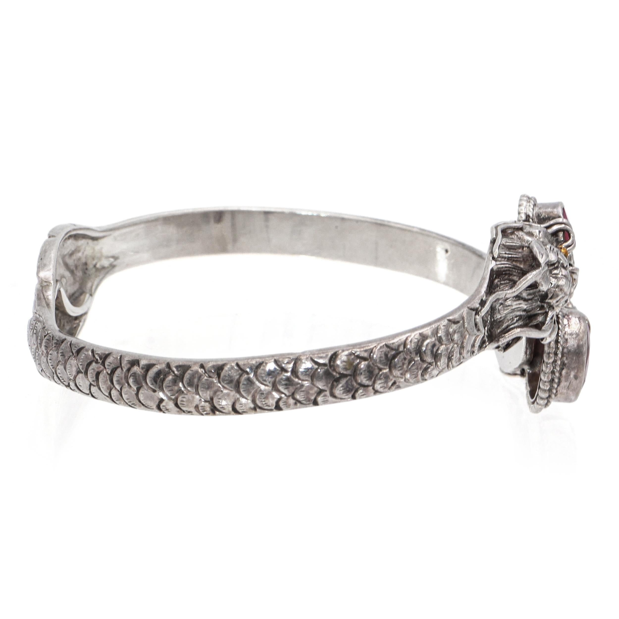 Vintage Sterling Silver Faceted Ruby Dragon Motif Bangle Bracelet