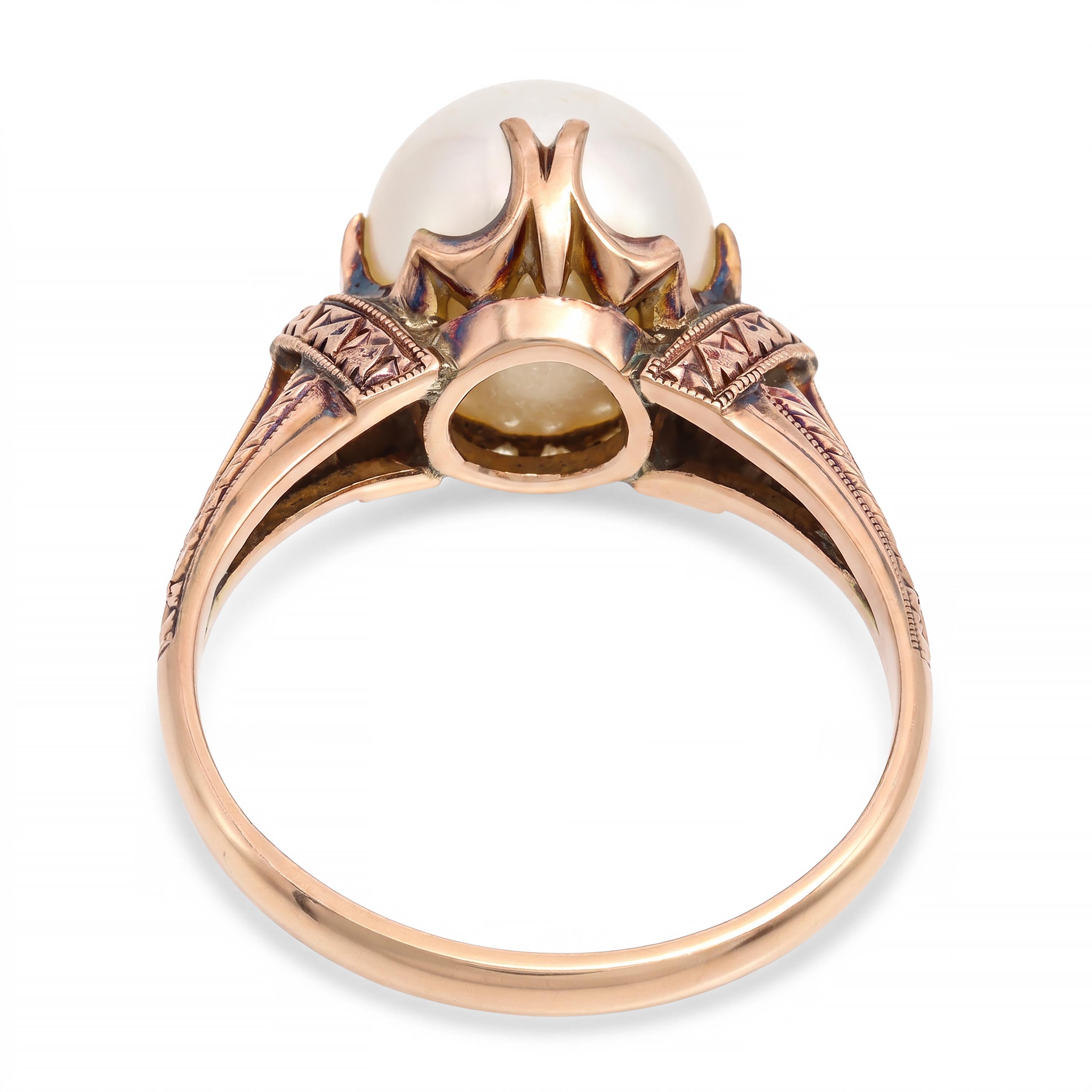 Vintage Engraved 14k Yellow Gold Pearl Ring