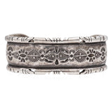 Vintage Signed Sterling Silver Stamped Floral & Geometric Motifs Cuff Bracelet