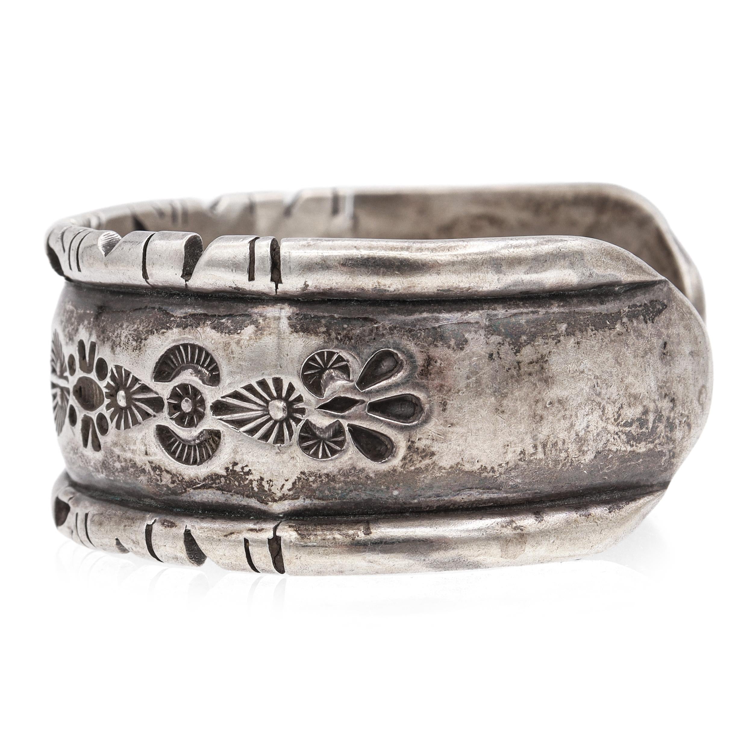 Vintage Signed Sterling Silver Stamped Floral & Geometric Motifs Cuff Bracelet