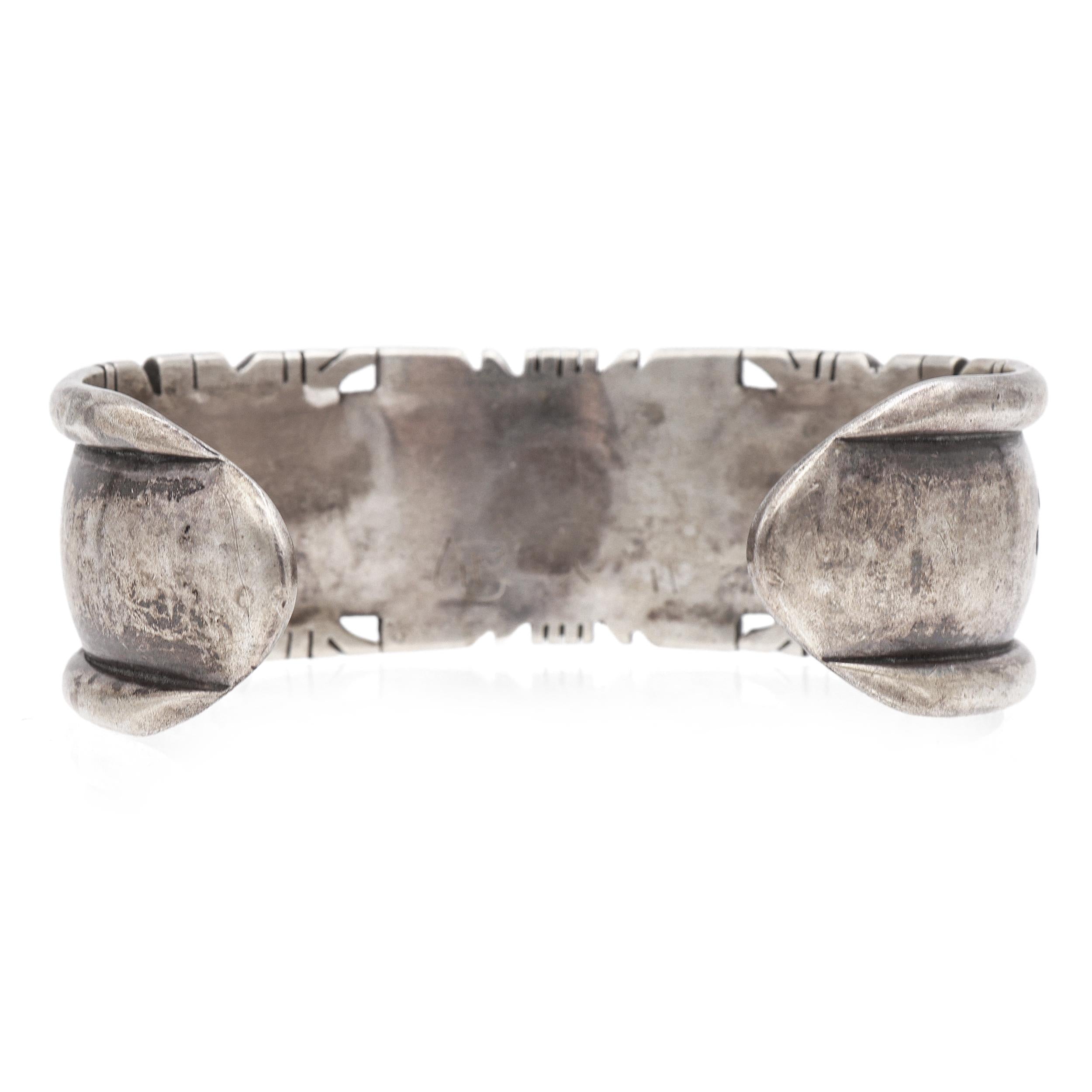 Vintage Signed Sterling Silver Stamped Floral & Geometric Motifs Cuff Bracelet